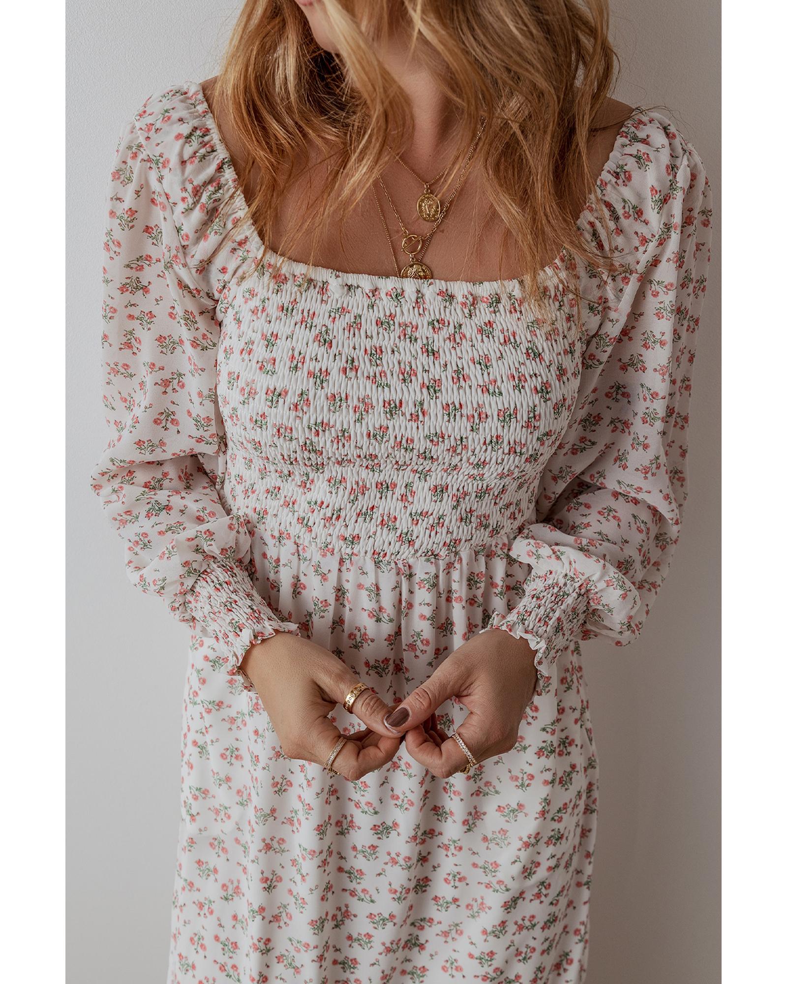 White Floral Print Shirred Ruffled Hem Square Neck Midi Dress - L