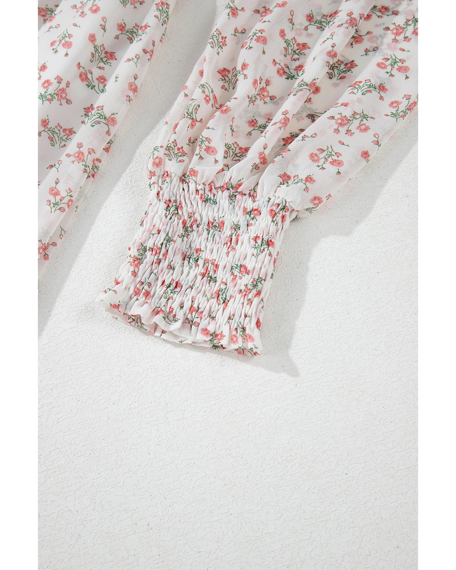 White Floral Print Shirred Ruffled Hem Square Neck Midi Dress - L