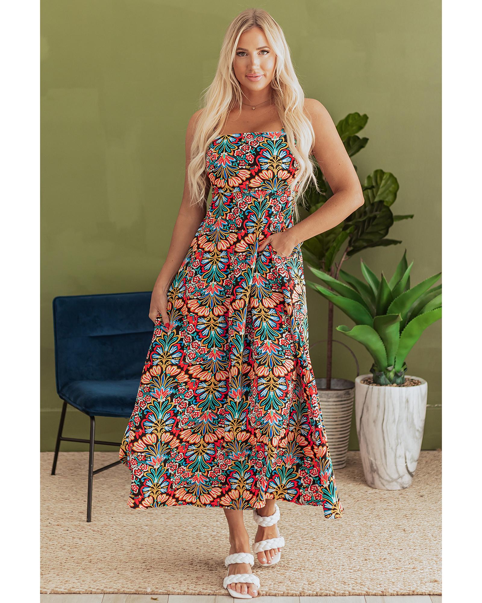 Black Boho Floral Print Thin Straps Sleeveless High Waist Maxi Dress - M