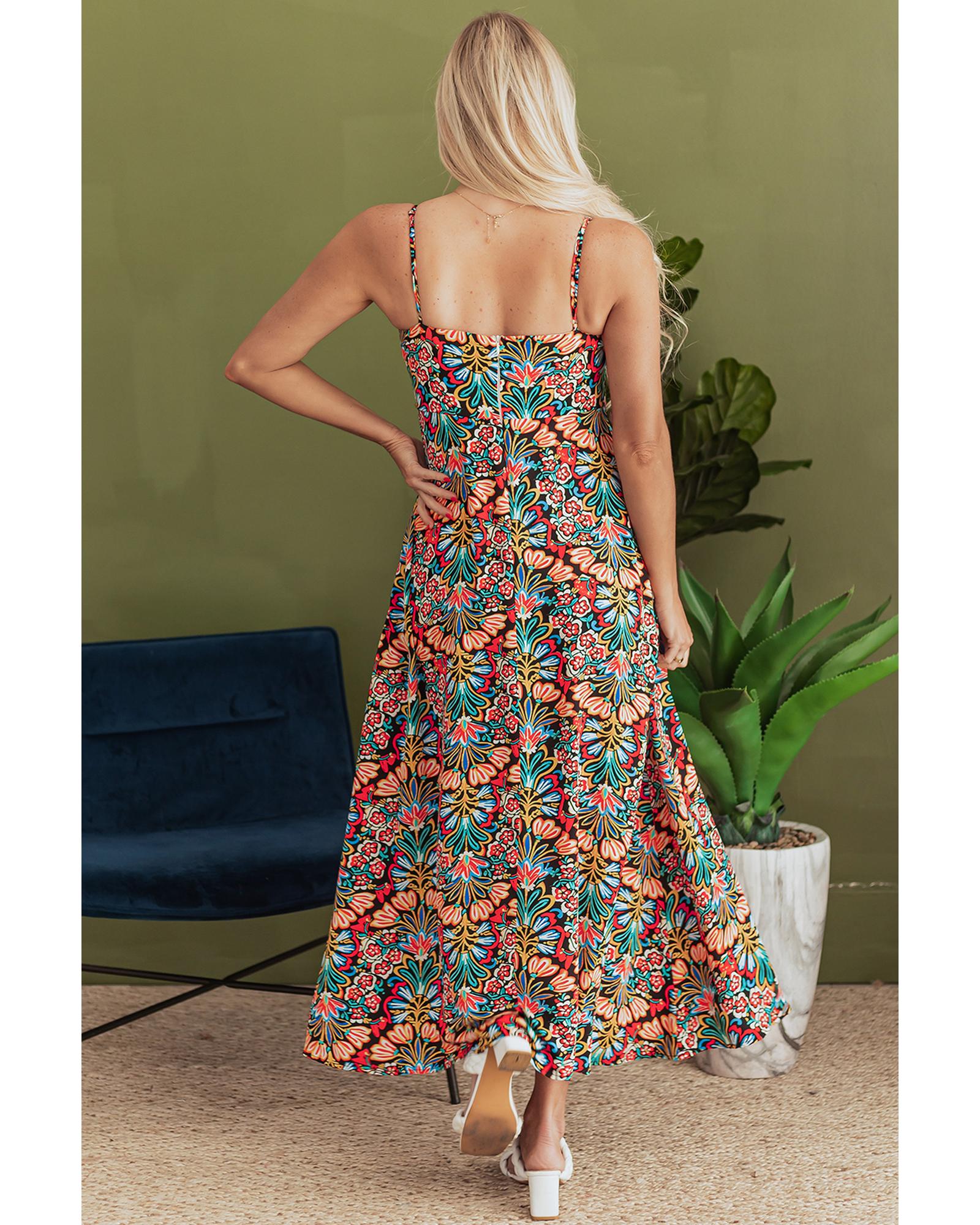 Black Boho Floral Print Thin Straps Sleeveless High Waist Maxi Dress - XL