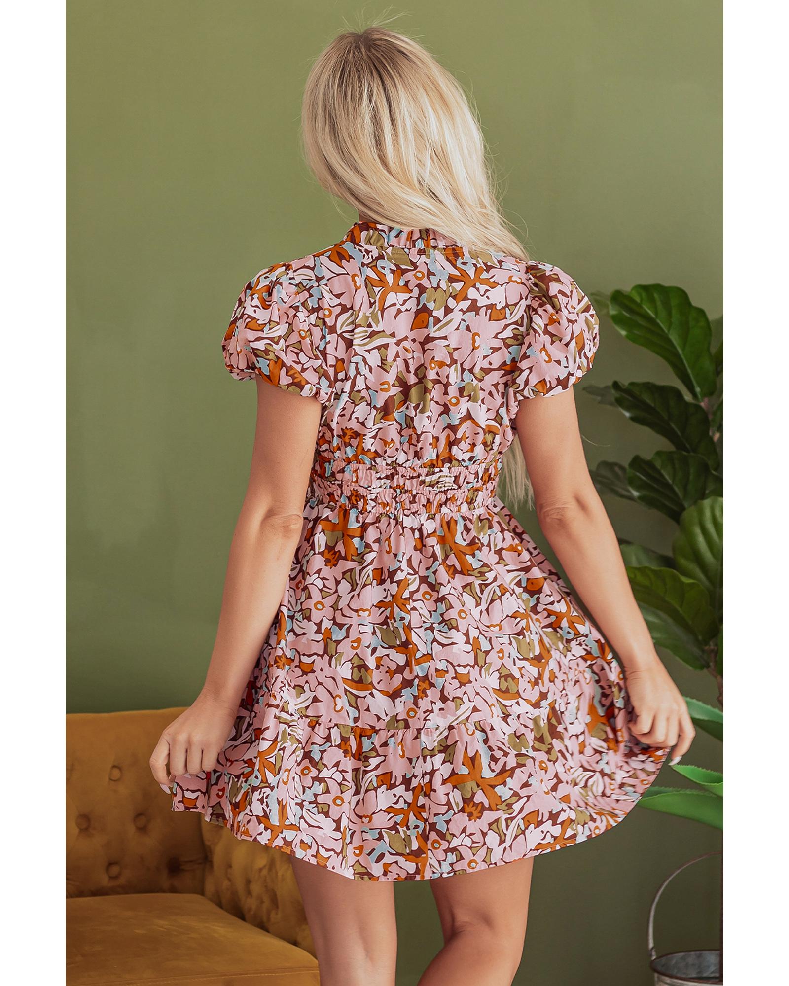 Pink Floral Print Puff Sleeve Shirred High Waist Mini Dress - M