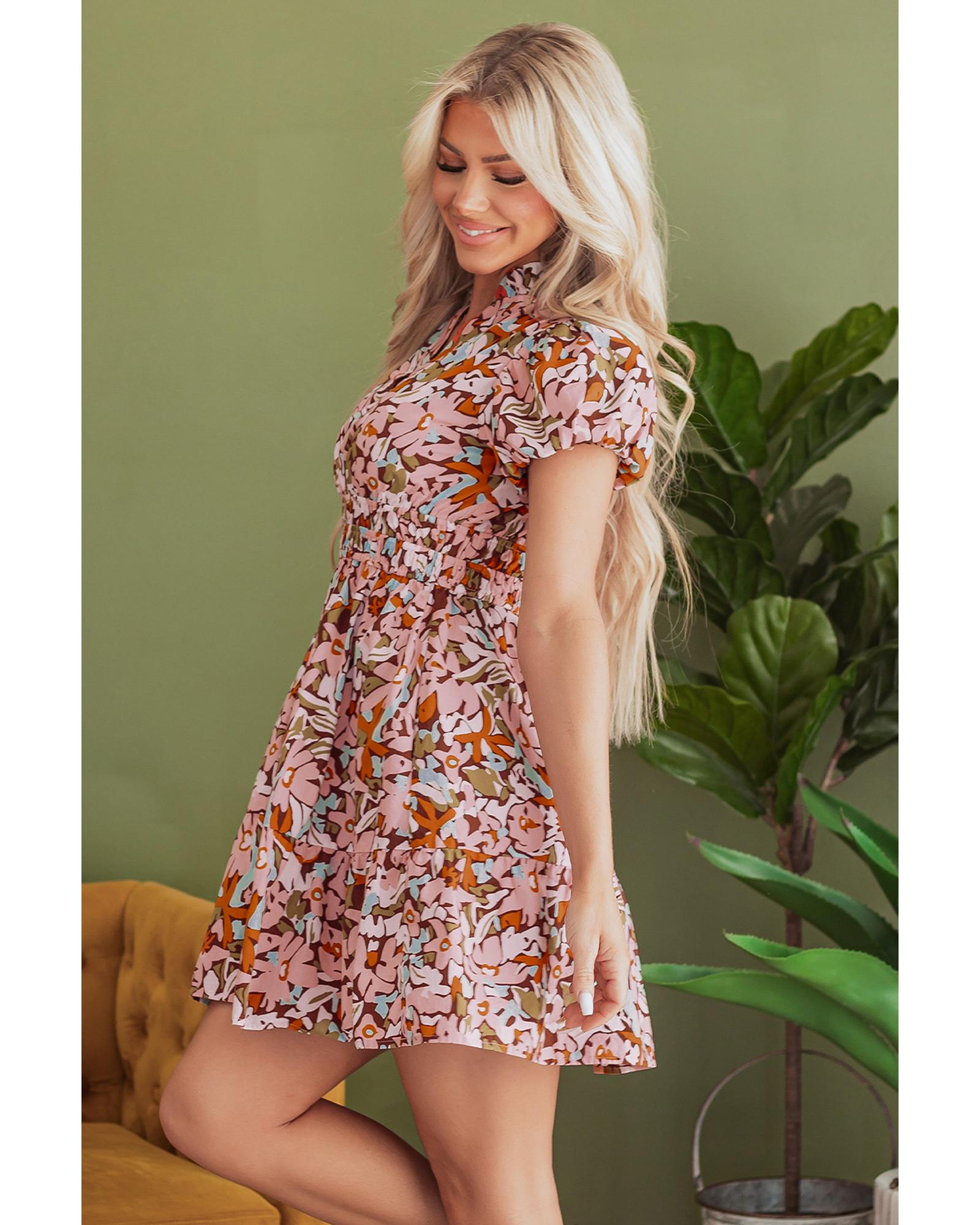 Pink Floral Print Puff Sleeve Shirred High Waist Mini Dress - M