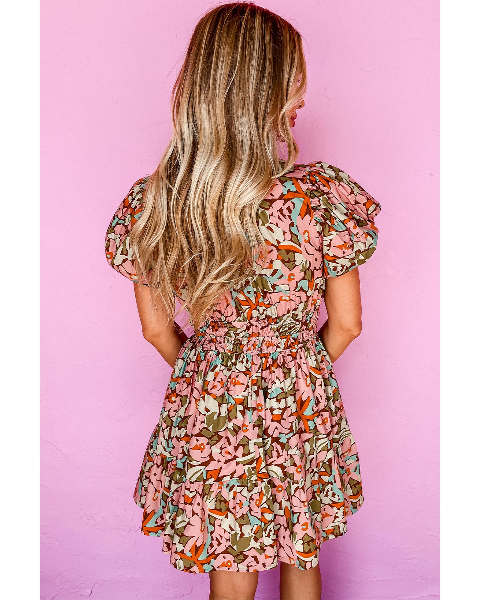 Pink Floral Print Puff Sleeve Shirred High Waist Mini Dress - S
