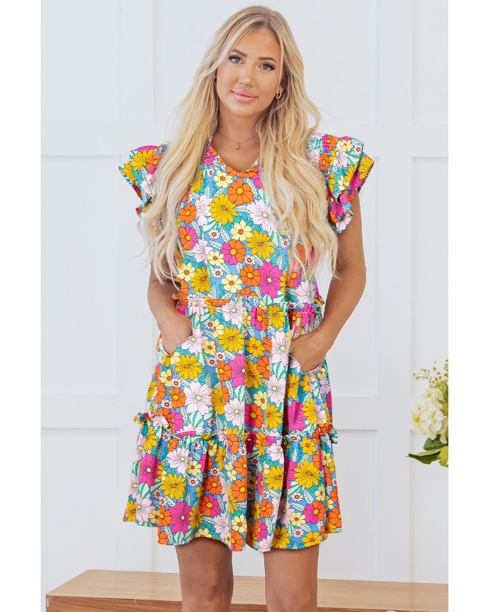 Sky Blue Floral Print Smocked Notch V Neck Flutter Sleeve Mini Dress - L