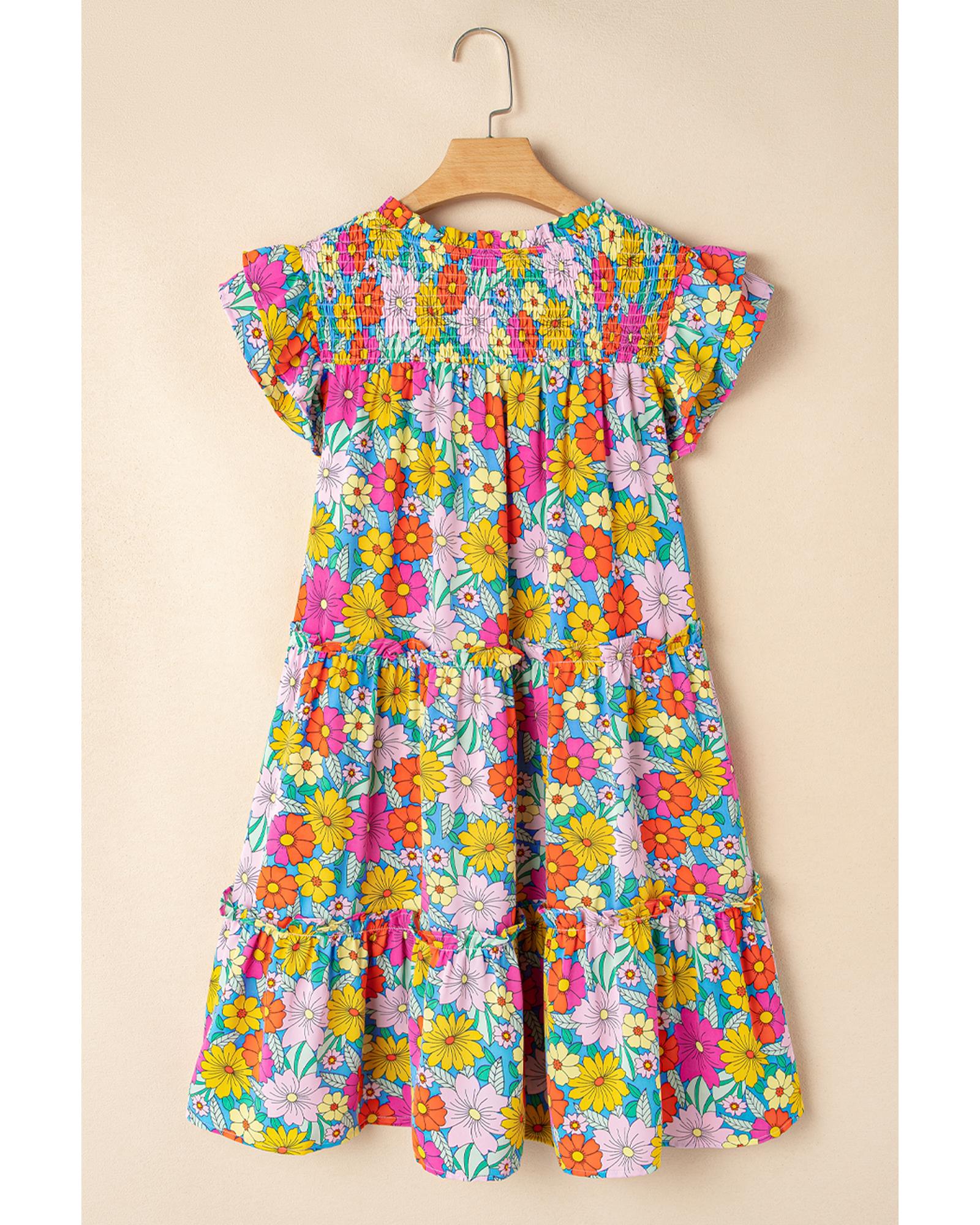 Sky Blue Floral Print Smocked Notch V Neck Flutter Sleeve Mini Dress - L