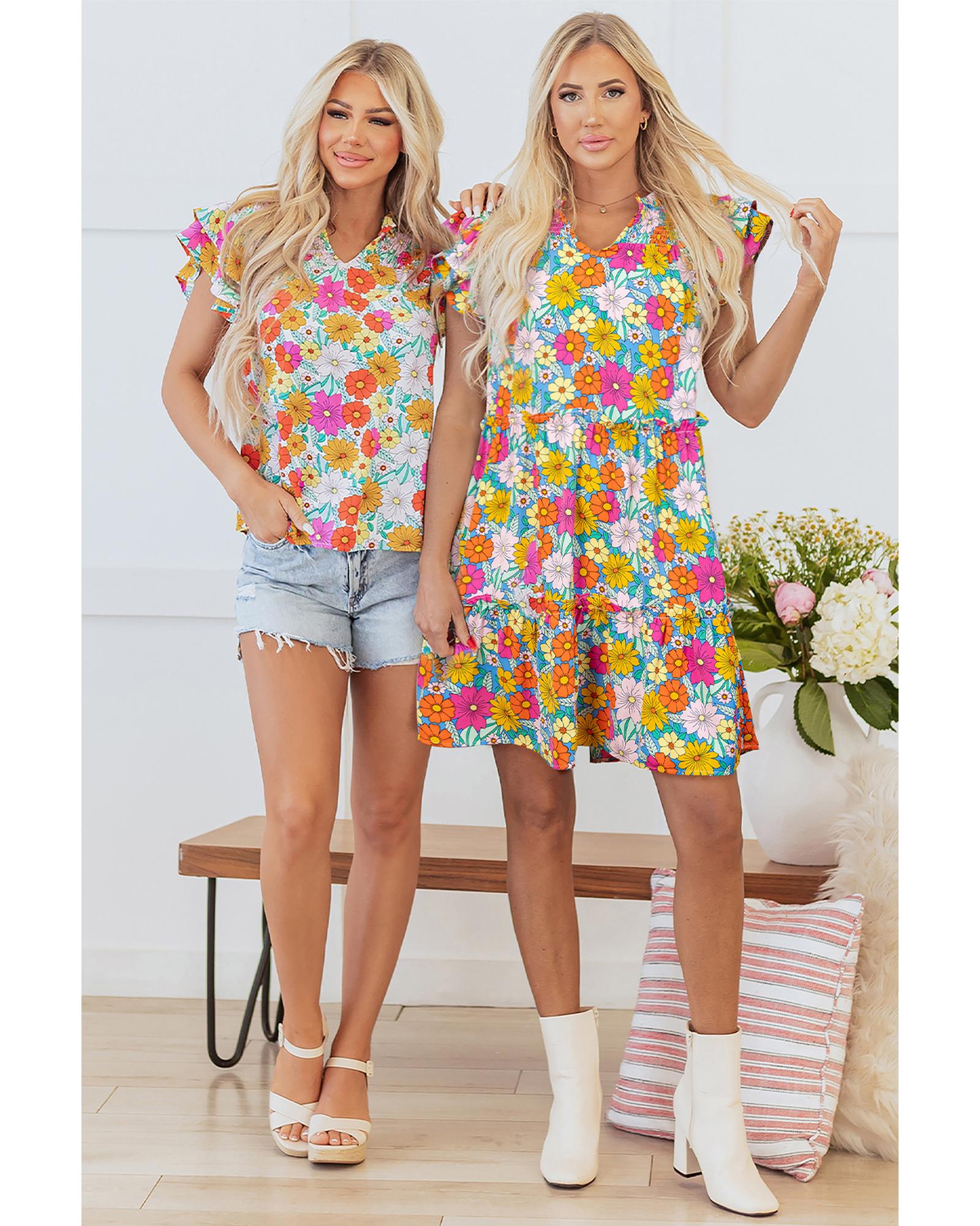 Sky Blue Floral Print Smocked Notch V Neck Flutter Sleeve Mini Dress - M