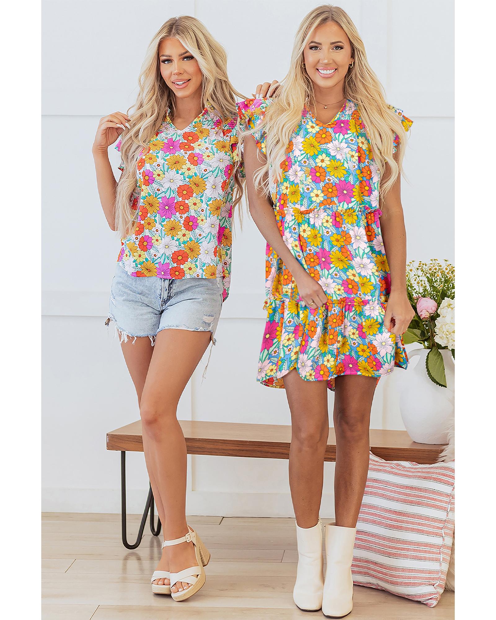 Sky Blue Floral Print Smocked Notch V Neck Flutter Sleeve Mini Dress - M