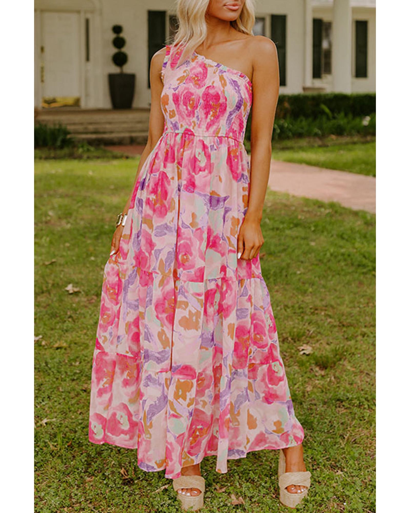 Pink Abstract Floral Print Shirred One Shoulder Maxi Dress - L