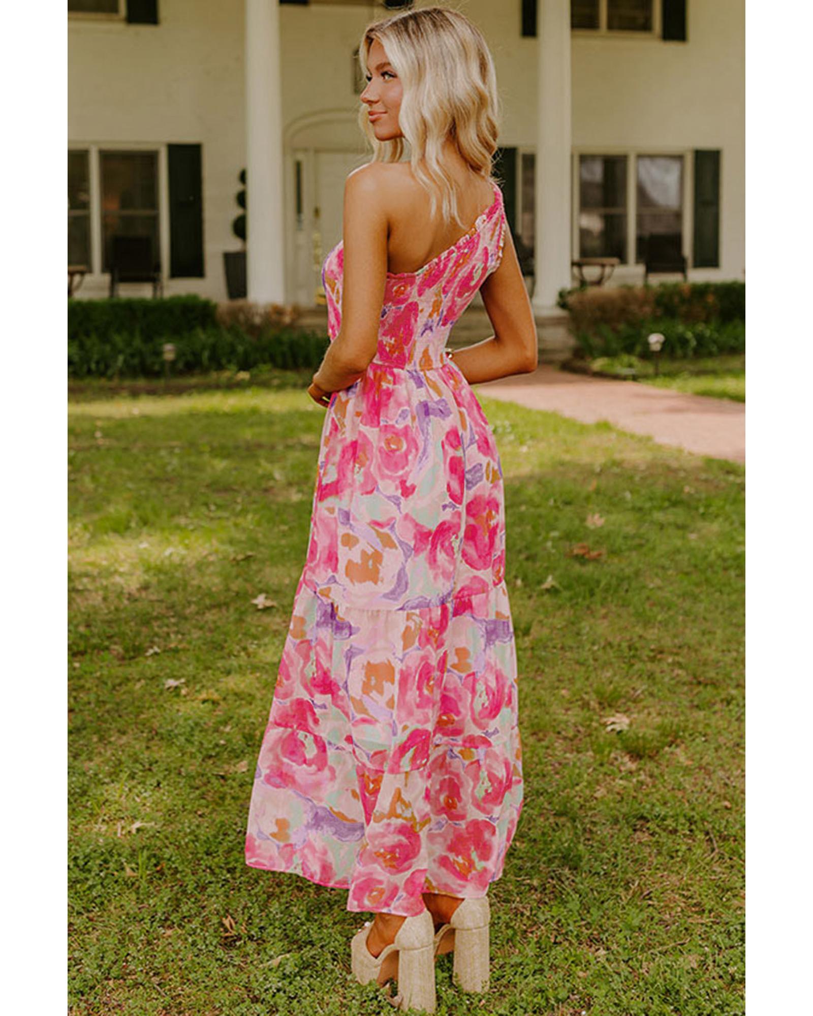 Pink Abstract Floral Print Shirred One Shoulder Maxi Dress - XL