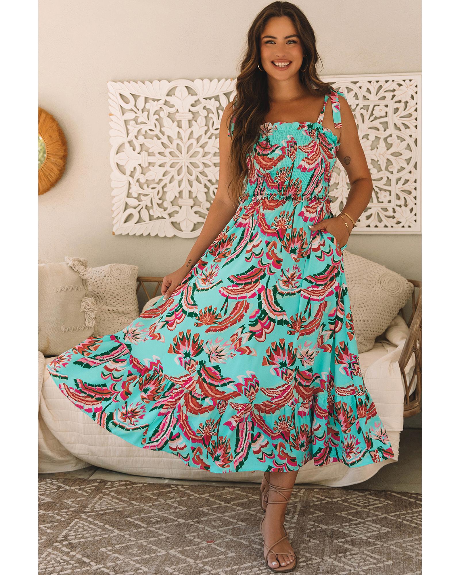 Green Abstract Print Smocked Bodice Knotted Straps Ruffled Maxi Dress - L