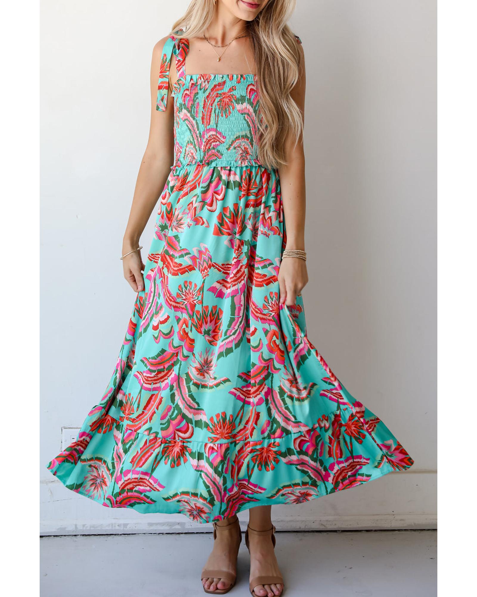 Green Abstract Print Smocked Bodice Knotted Straps Ruffled Maxi Dress - L