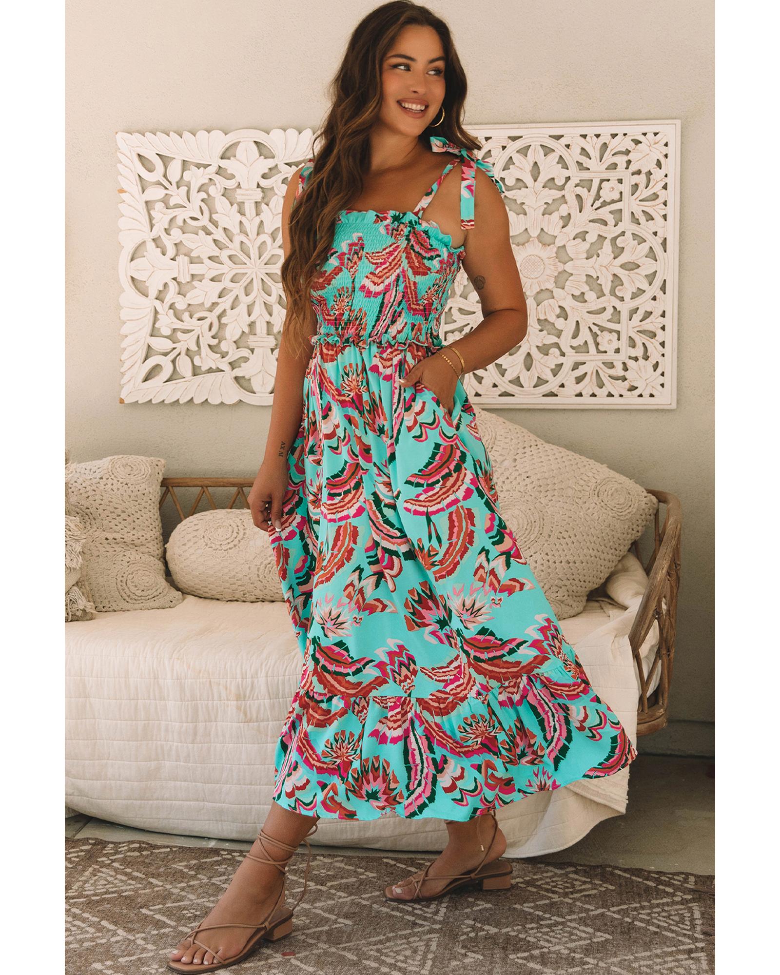 Green Abstract Print Smocked Bodice Knotted Straps Ruffled Maxi Dress - M