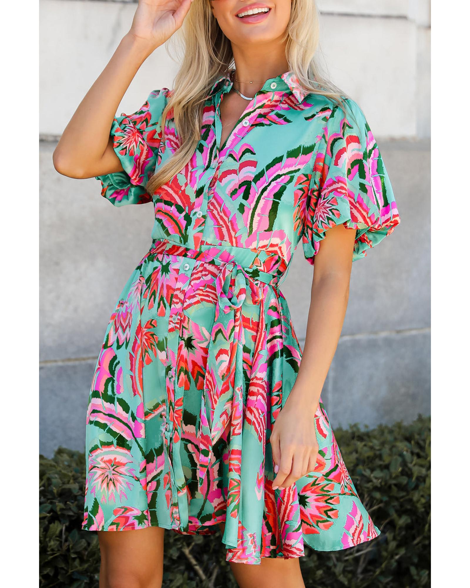 Green Abstract Print Lace-up High Waist Buttoned Mini Dress - XL