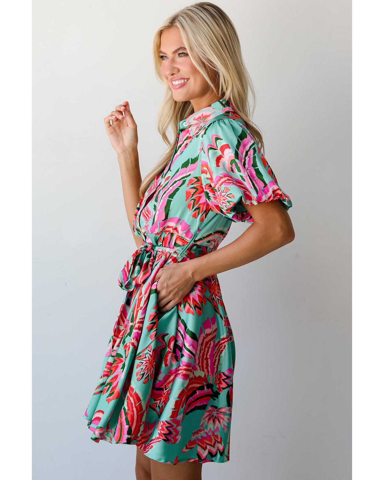 Green Abstract Print Lace-up High Waist Buttoned Mini Dress - XL