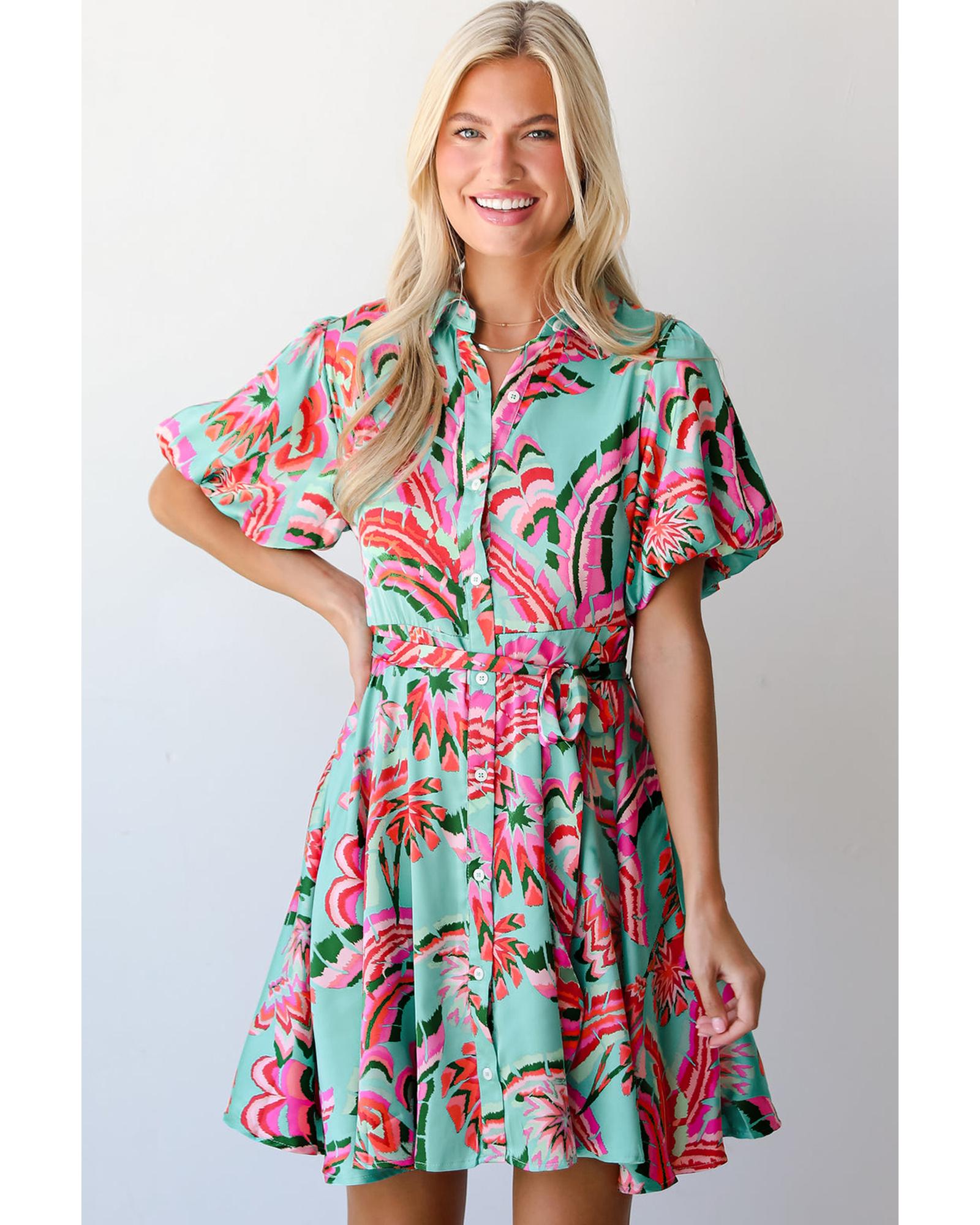 Green Abstract Print Lace-up High Waist Buttoned Mini Dress - XL