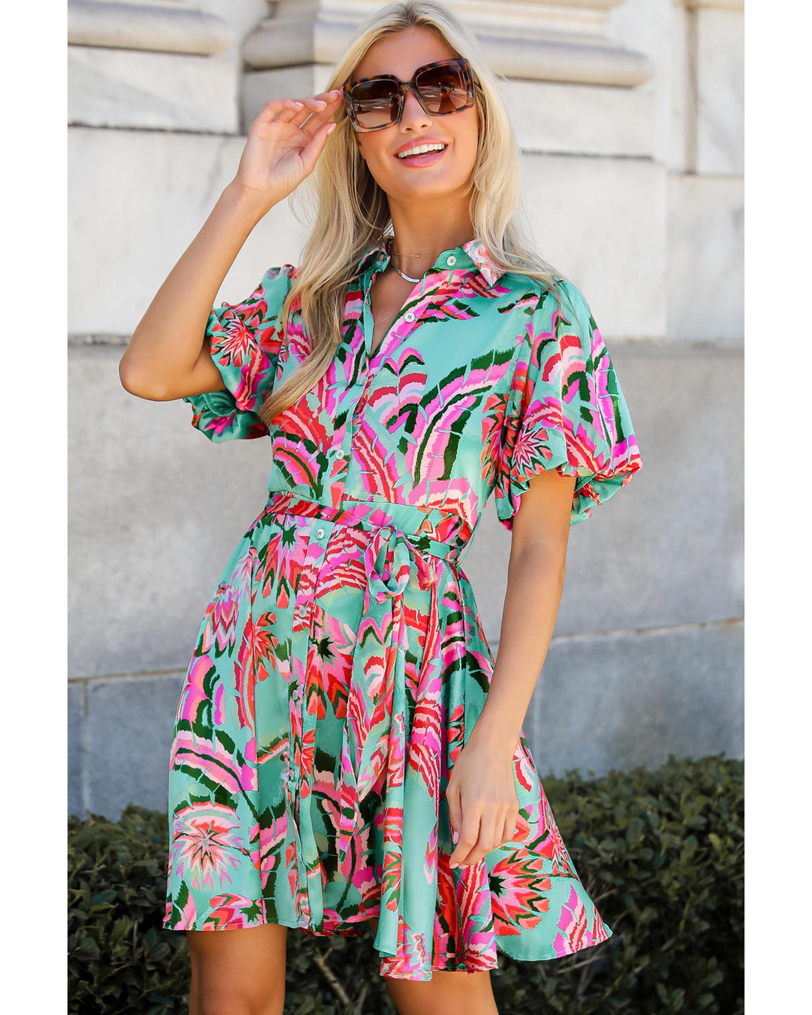 Green Abstract Print Lace-up High Waist Buttoned Mini Dress - XL