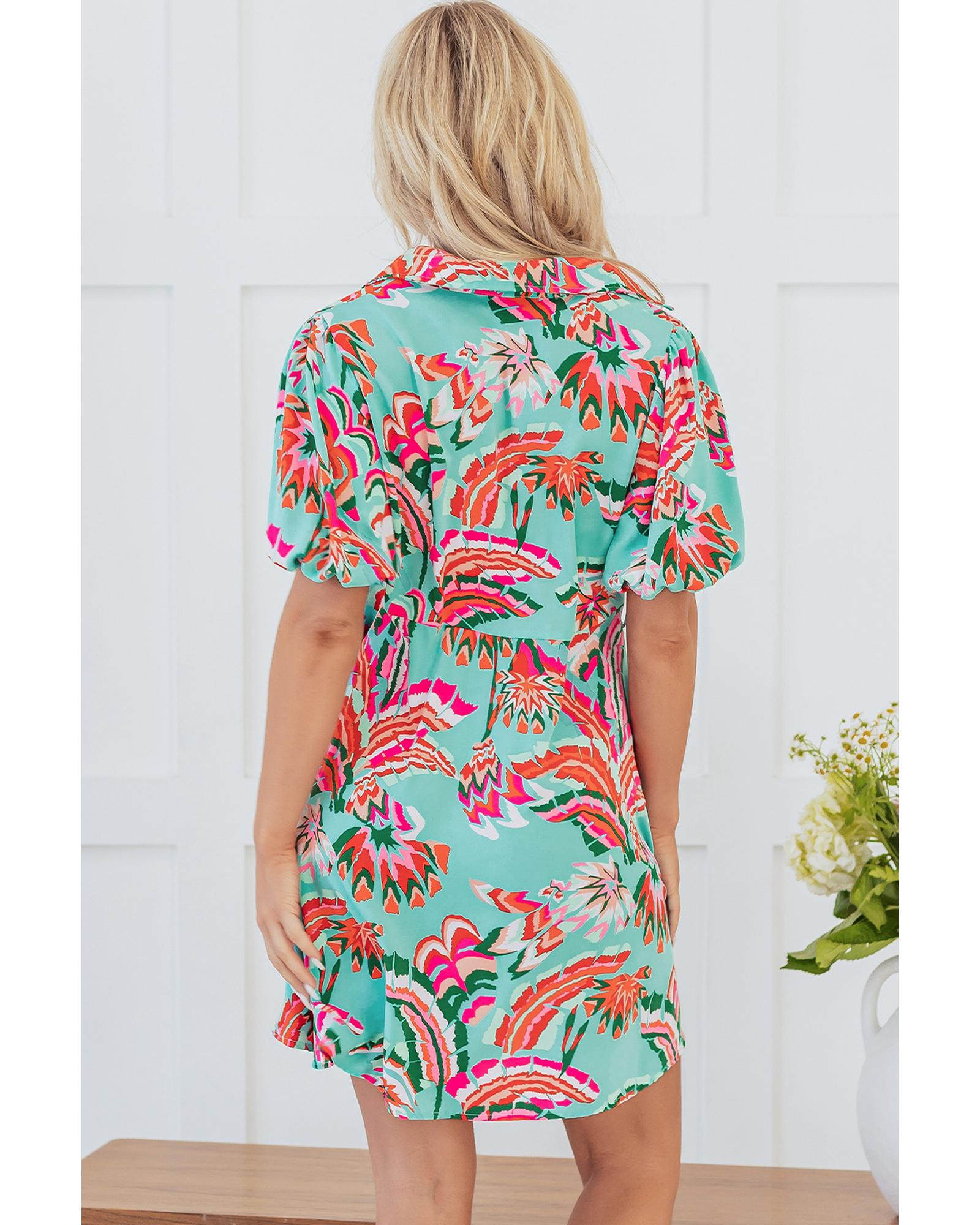 Green Abstract Print Lace-up High Waist Buttoned Mini Dress - XL