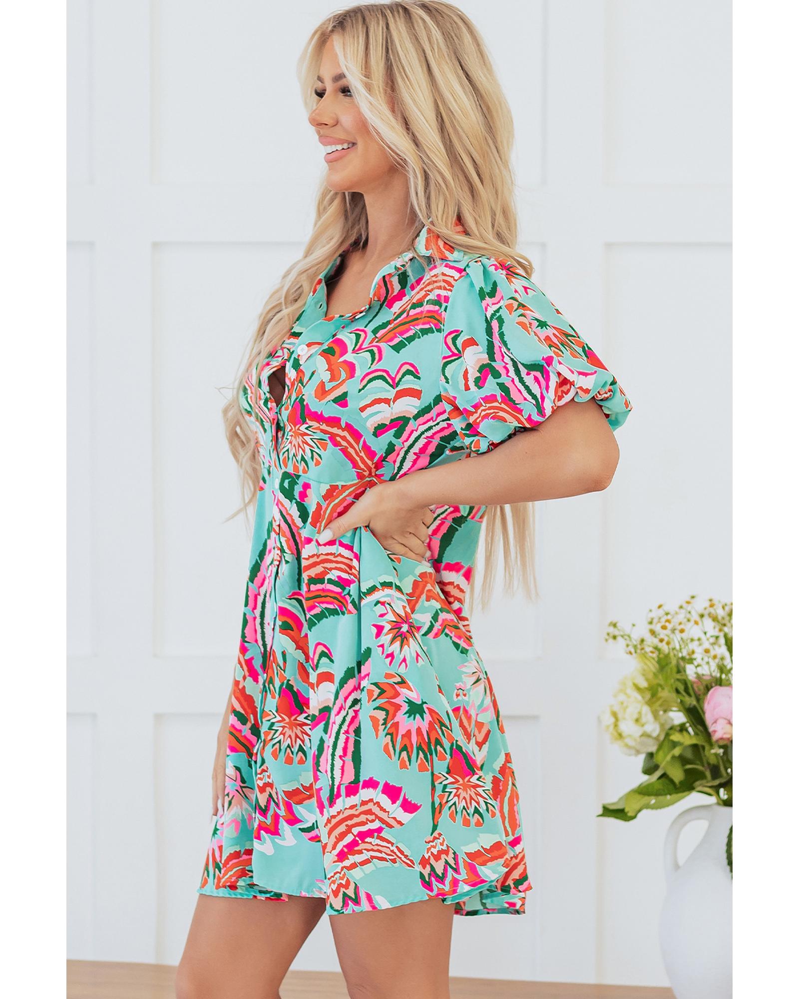 Green Abstract Print Lace-up High Waist Buttoned Mini Dress - XL