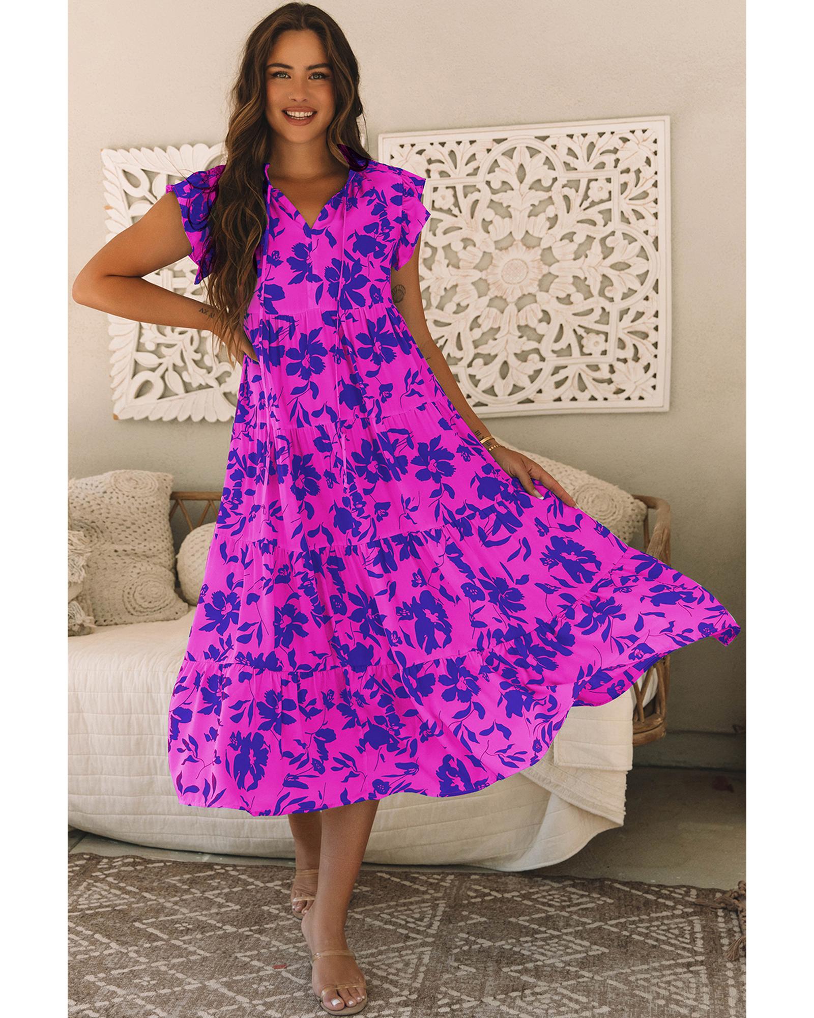 Rose Floral Print Tiered Frilled Trim Flutter Sleeve Maxi Dress - S