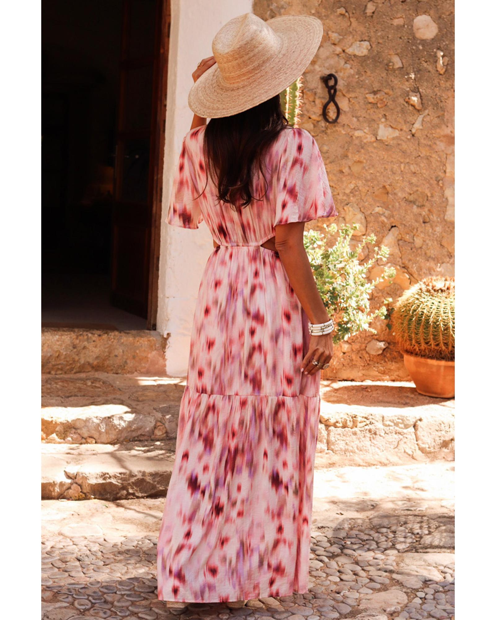 Pink Abstract Printed Flutter Sleeve Daring Cutout Long Dress - M
