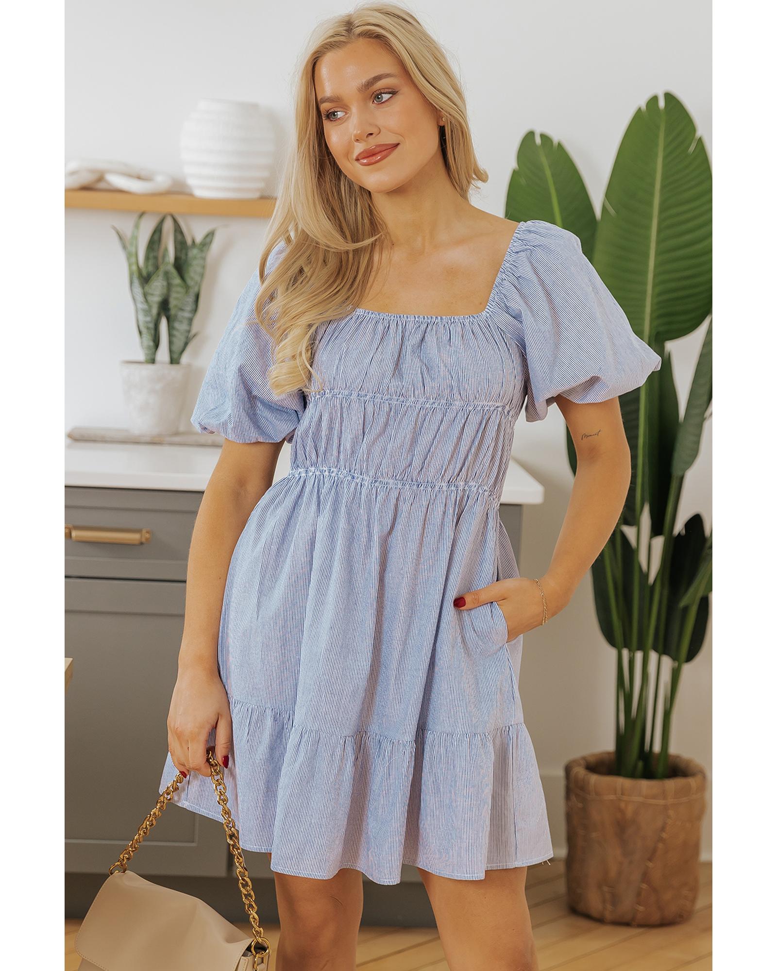 Sky Blue Stripe Bubble Sleeve Square Neck Ruched Pocketed Babydoll Dress - M