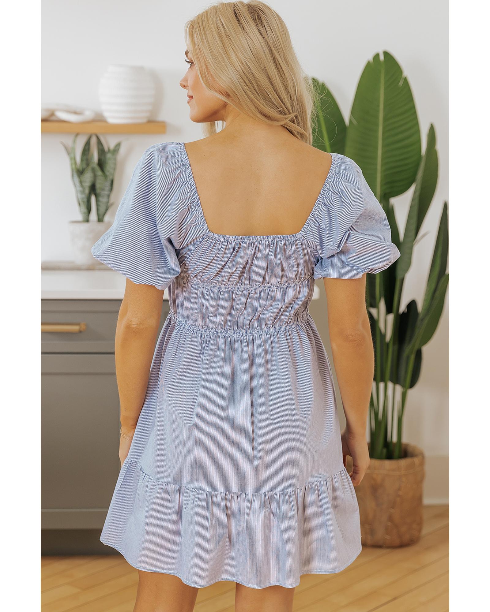 Sky Blue Stripe Bubble Sleeve Square Neck Ruched Pocketed Babydoll Dress - M