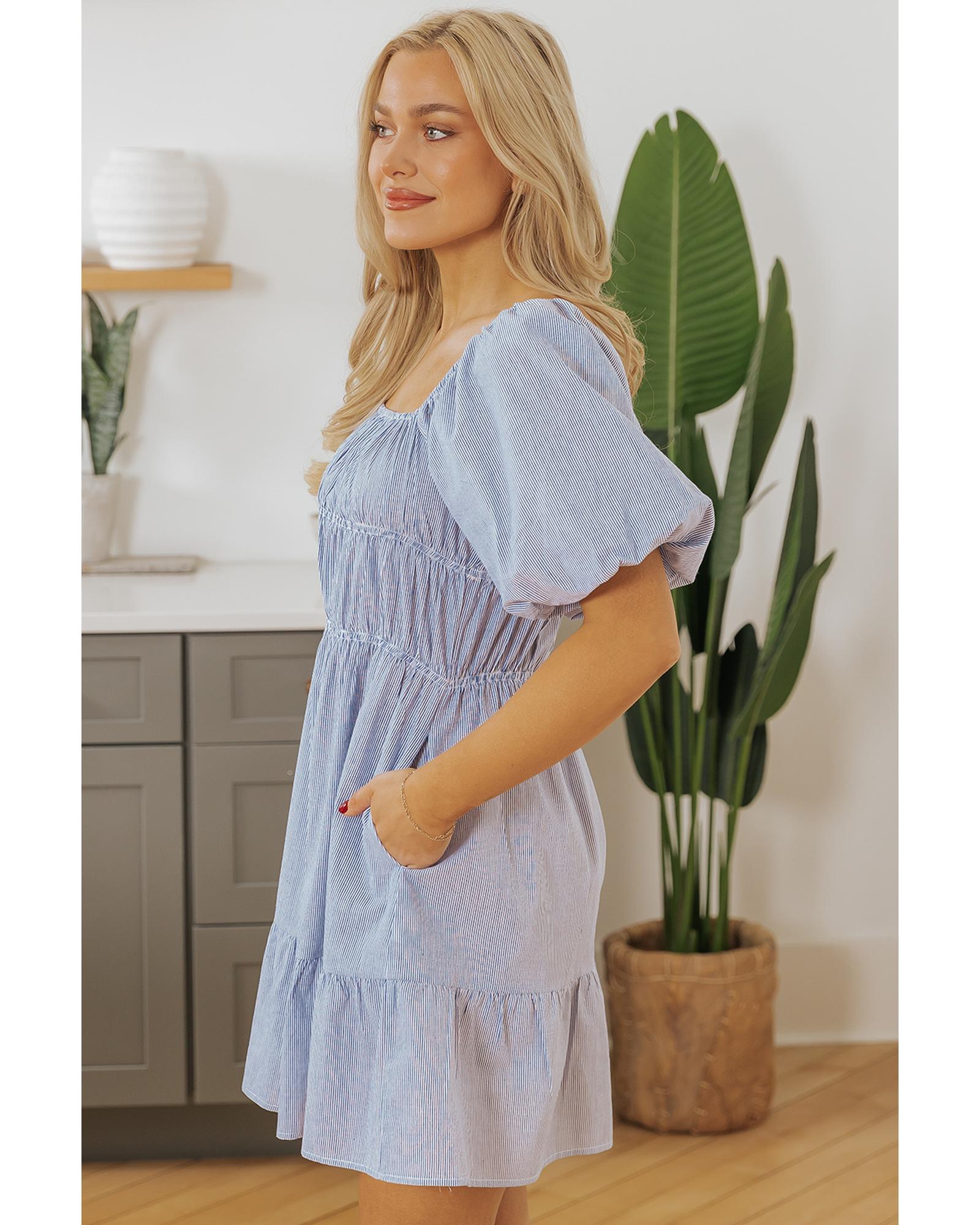 Sky Blue Stripe Bubble Sleeve Square Neck Ruched Pocketed Babydoll Dress - M
