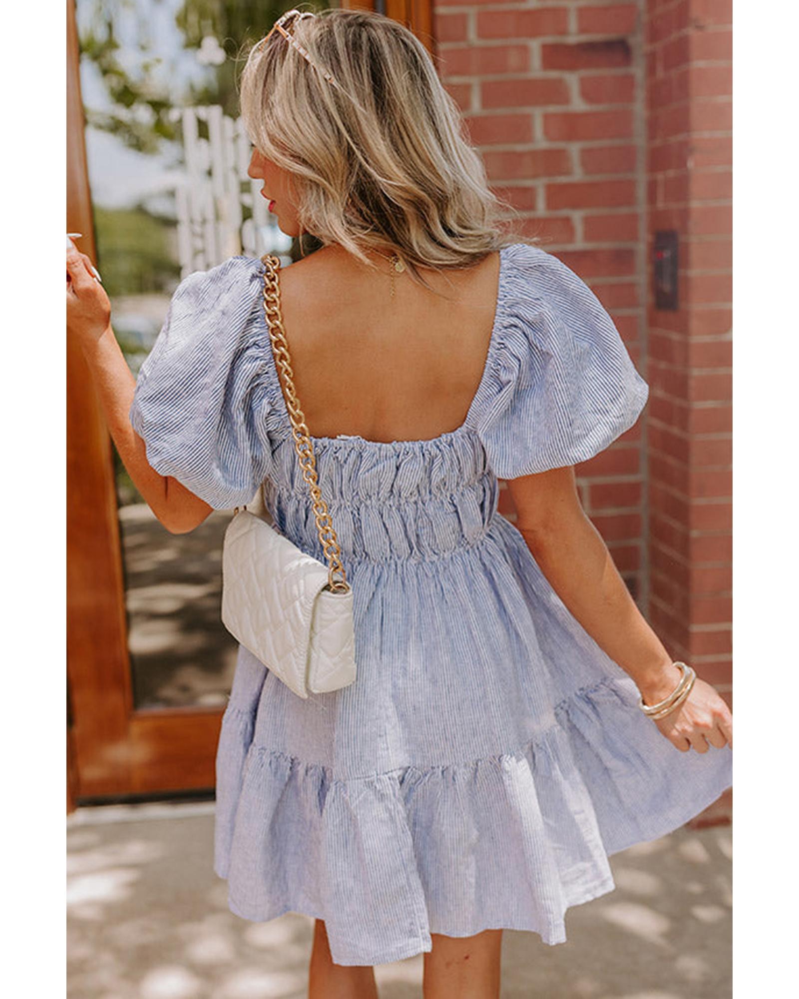 Sky Blue Stripe Bubble Sleeve Square Neck Ruched Pocketed Babydoll Dress - M
