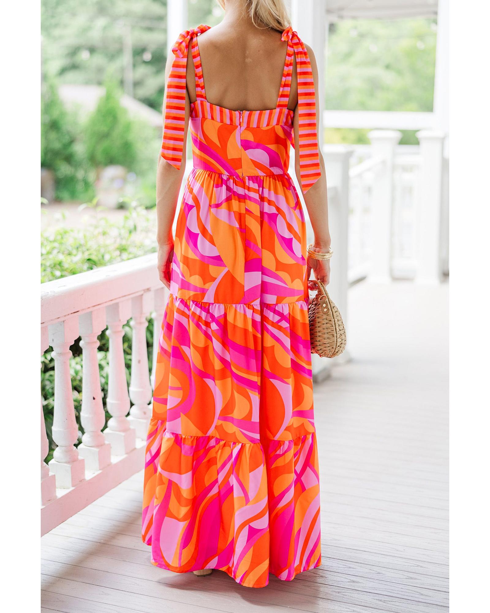 Red Abstract Print Knotted Shoulder High Waist Maxi Dress - S