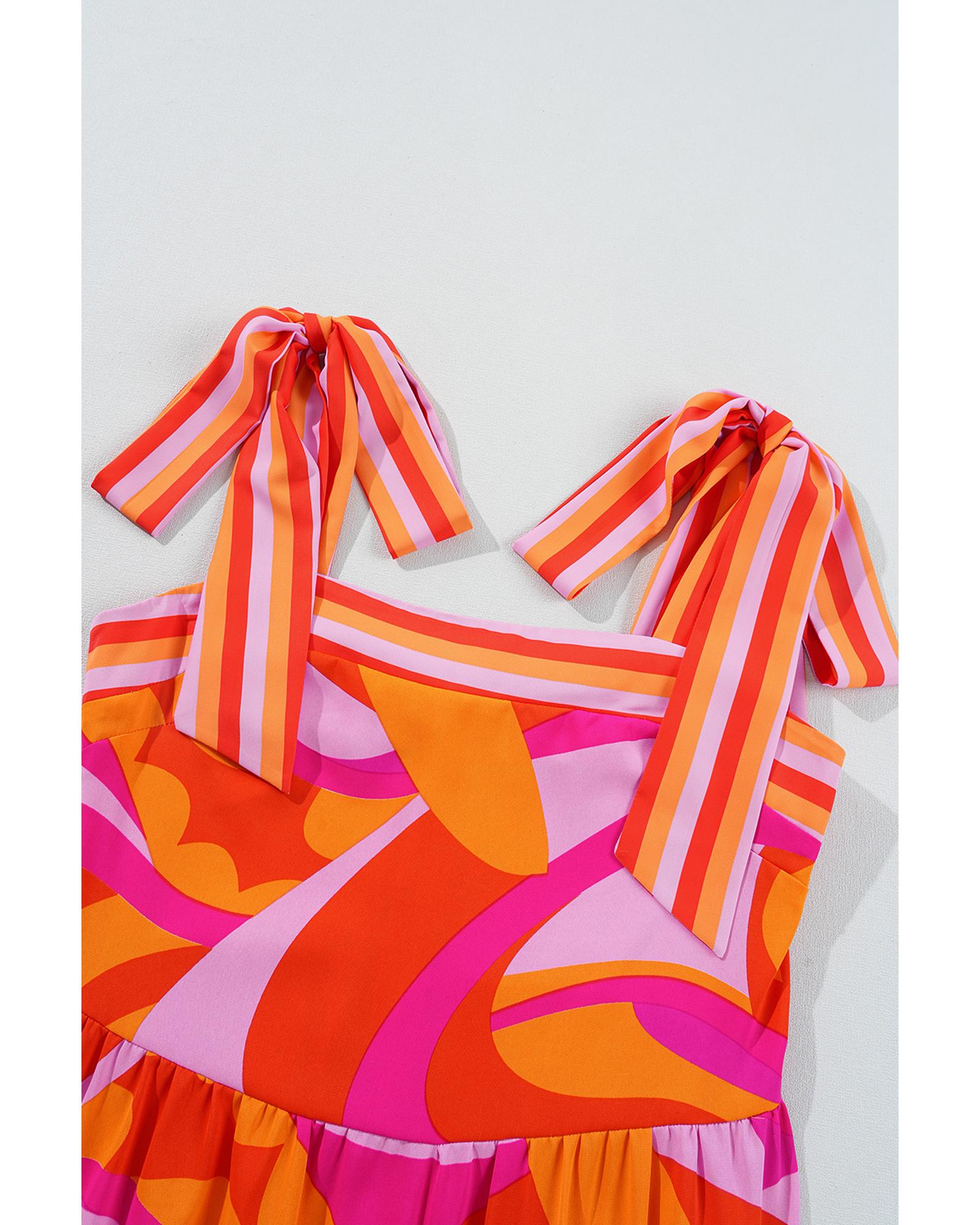 Red Abstract Print Knotted Shoulder High Waist Maxi Dress - S