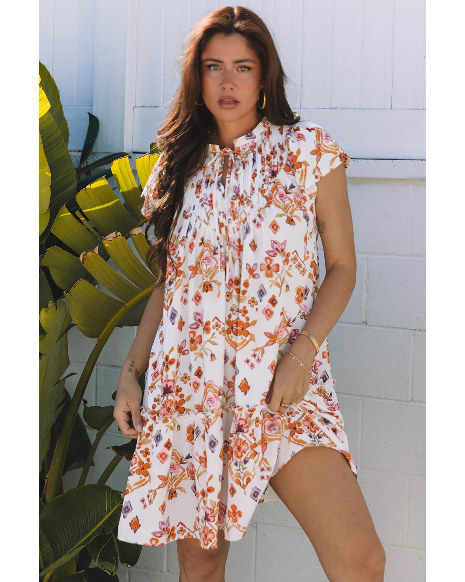 Apricot Floral Geometric Print Ruffled Trim Flutter Sleeve Mini Dress - M