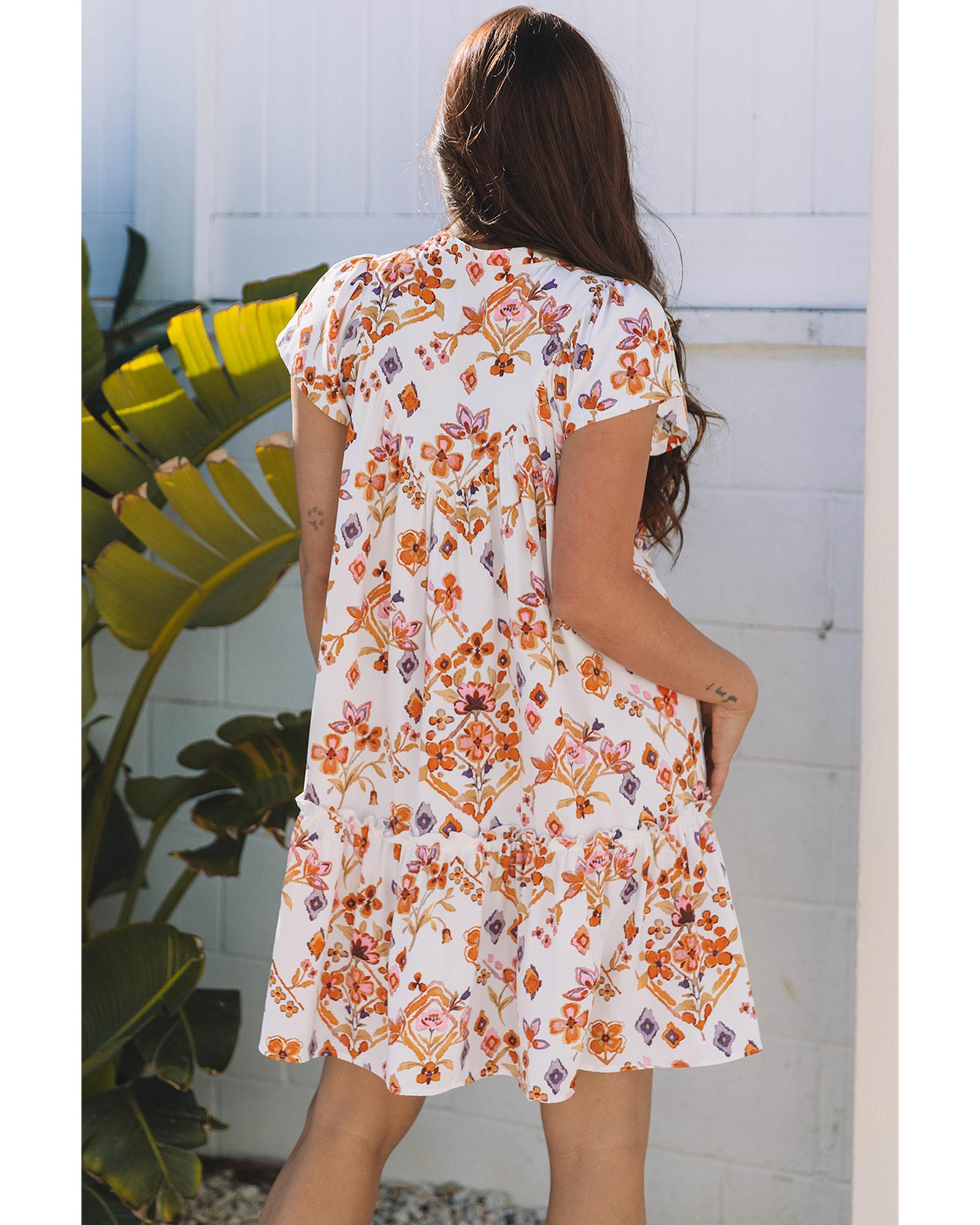 Apricot Floral Geometric Print Ruffled Trim Flutter Sleeve Mini Dress - S