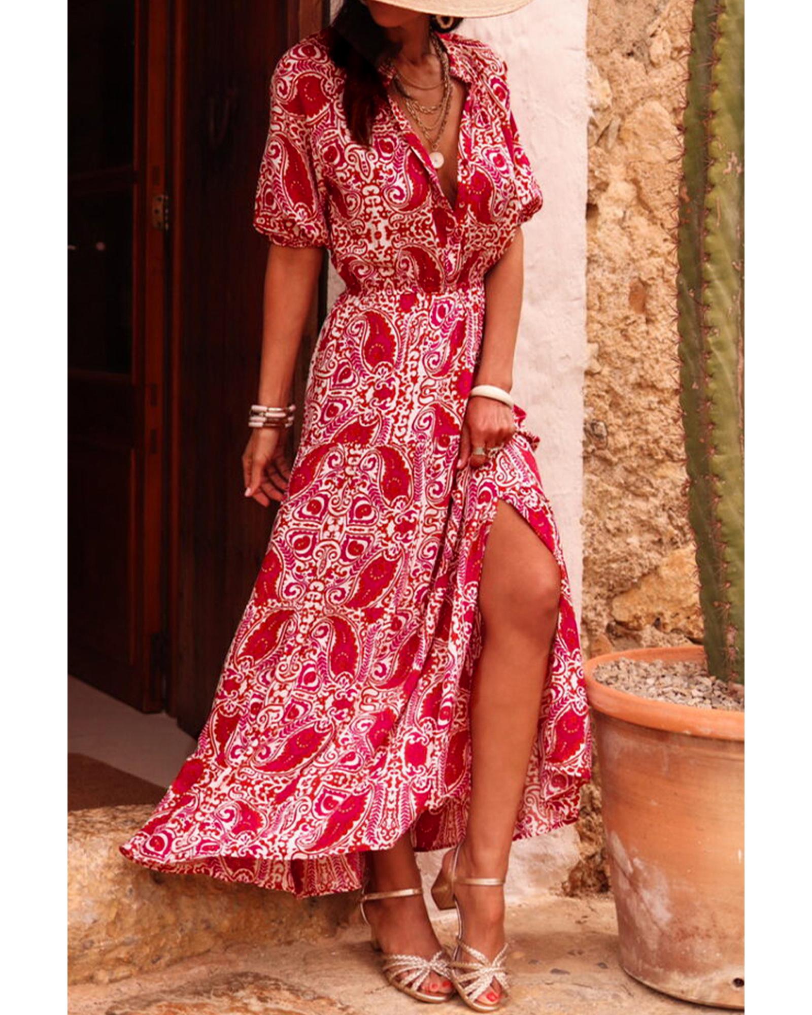 Red Paisley Print Side Slit Puff Sleeve High Waist Maxi Dress - L