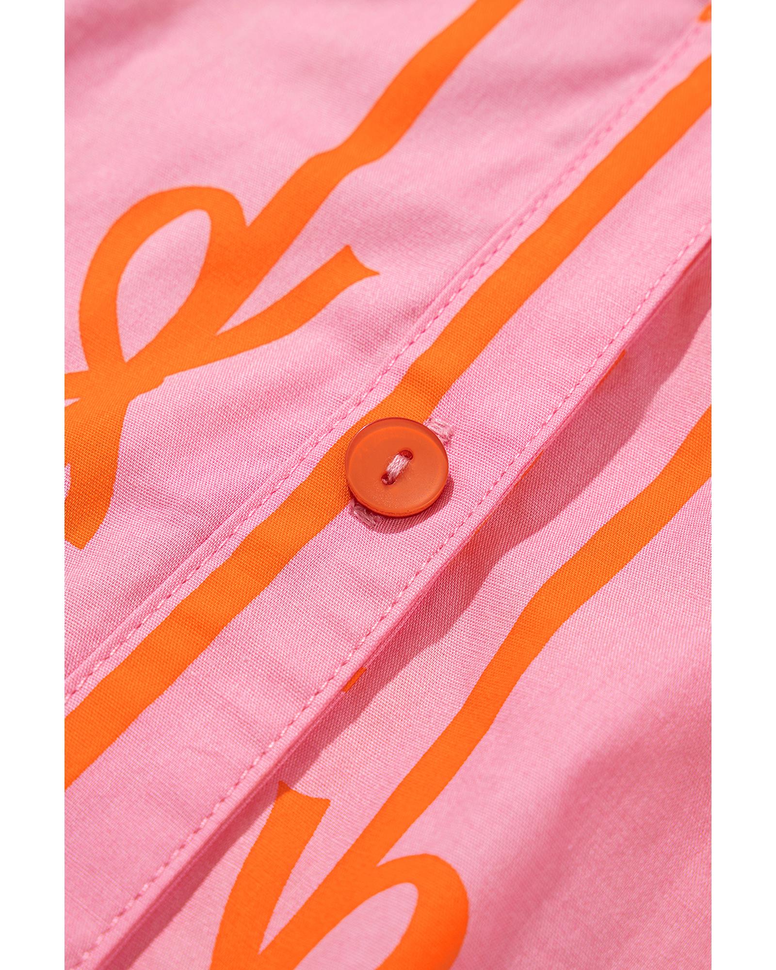 Pink Bowknot Striped Printed Bubble Sleeve Buttoned Belted Mini Dress - S