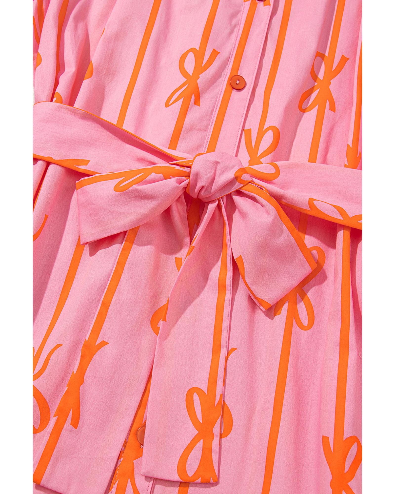 Pink Bowknot Striped Printed Bubble Sleeve Buttoned Belted Mini Dress - S