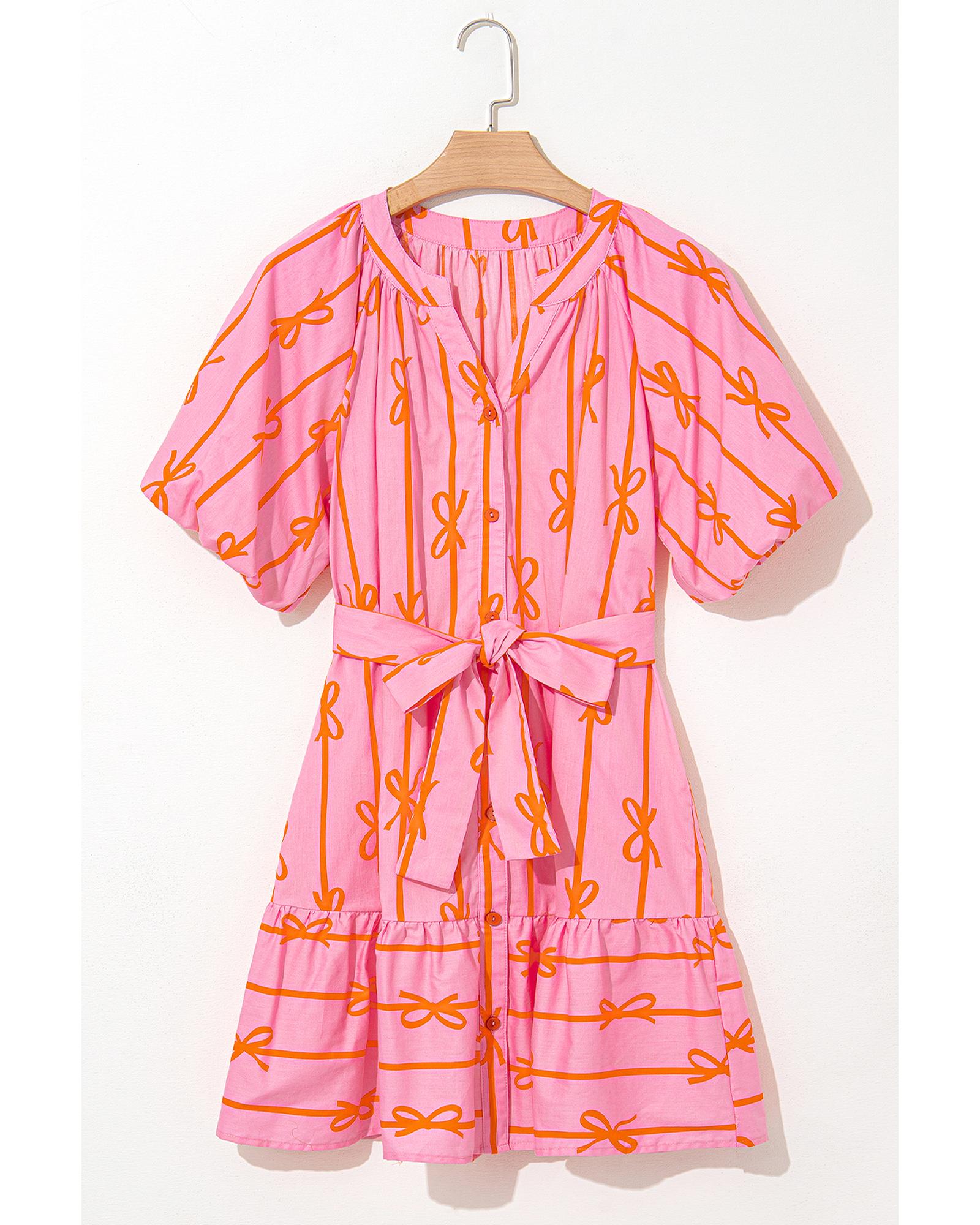 Pink Bowknot Striped Printed Bubble Sleeve Buttoned Belted Mini Dress - S