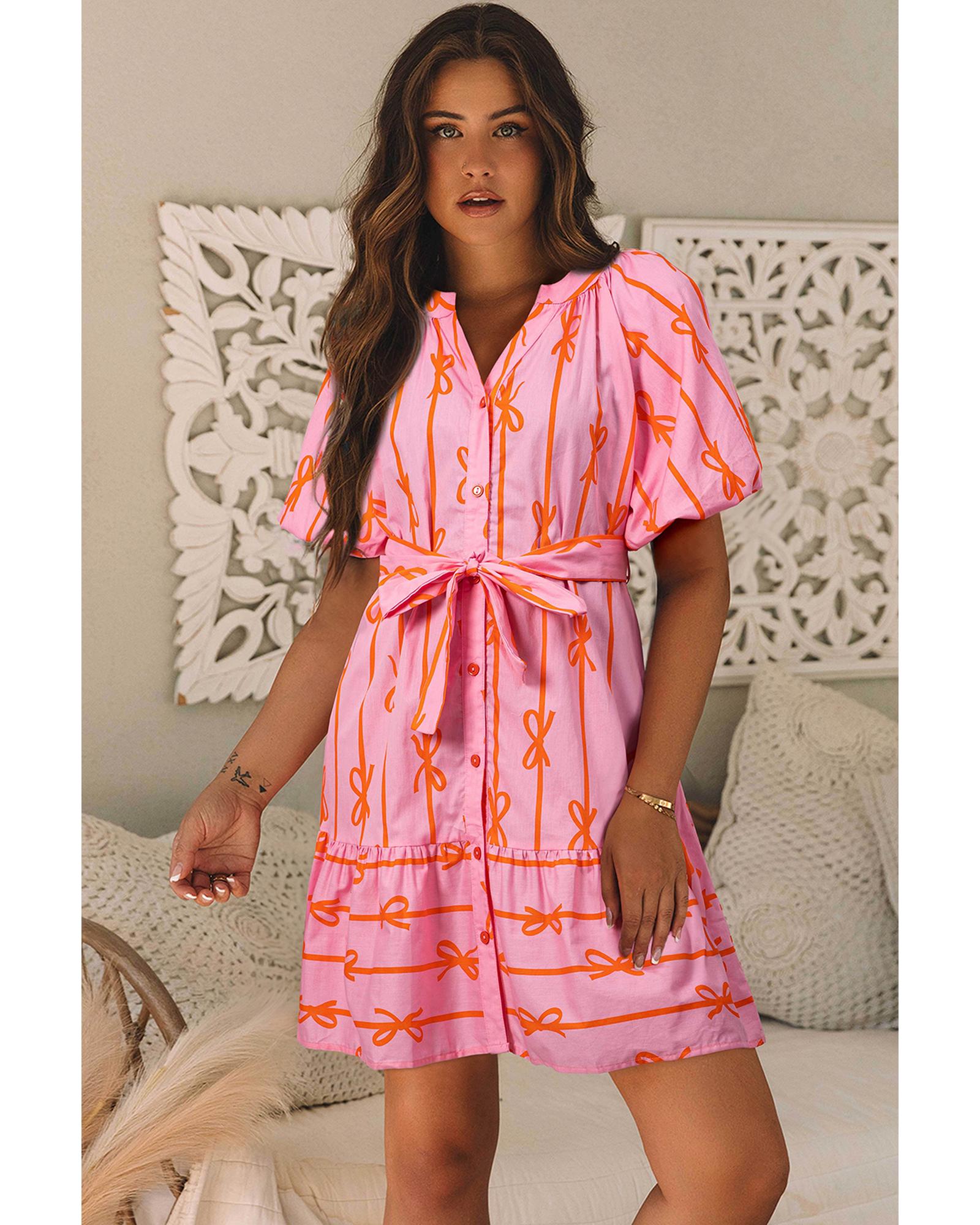 Pink Bowknot Striped Printed Bubble Sleeve Buttoned Belted Mini Dress - S