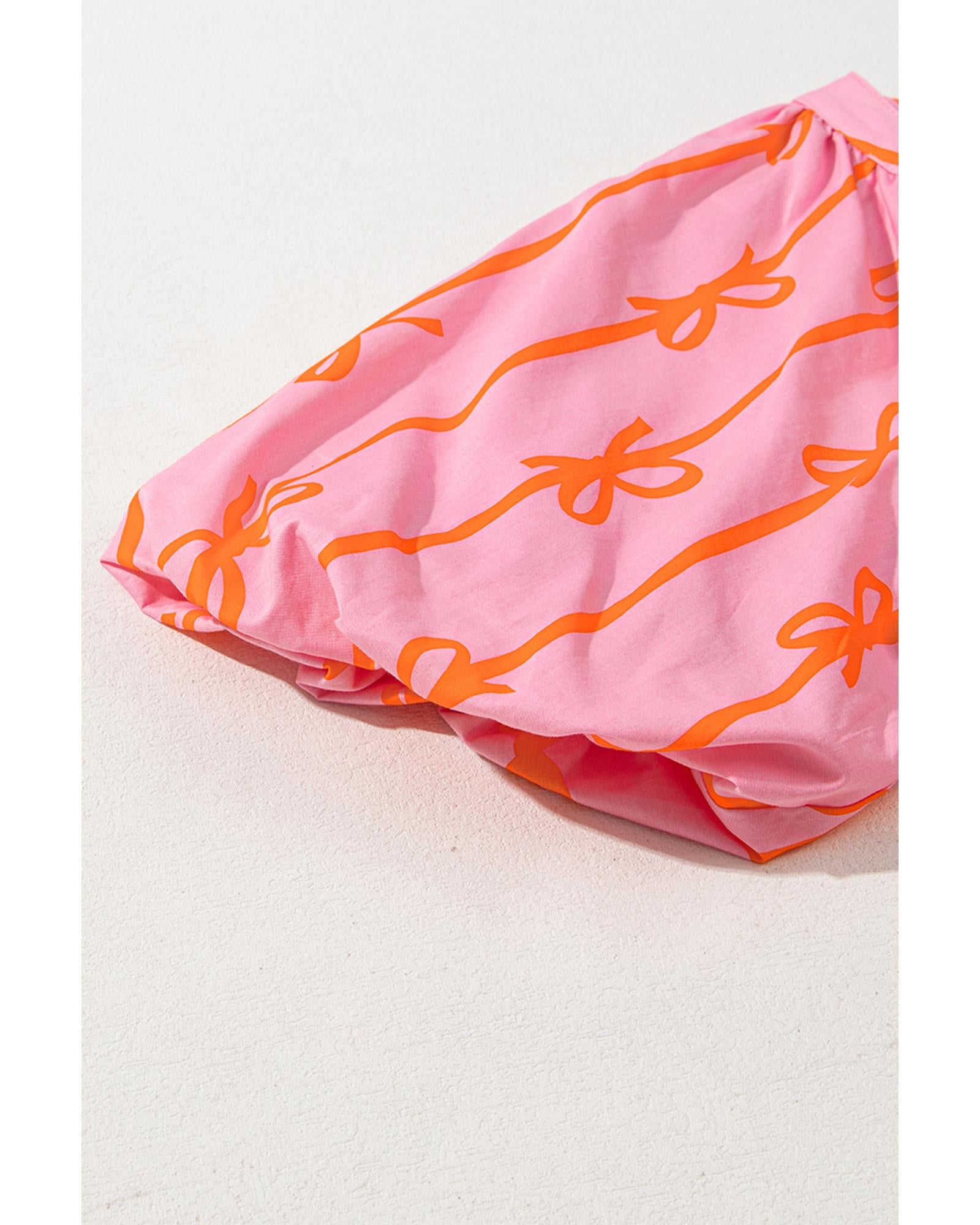 Pink Bowknot Striped Printed Bubble Sleeve Buttoned Belted Mini Dress - XL