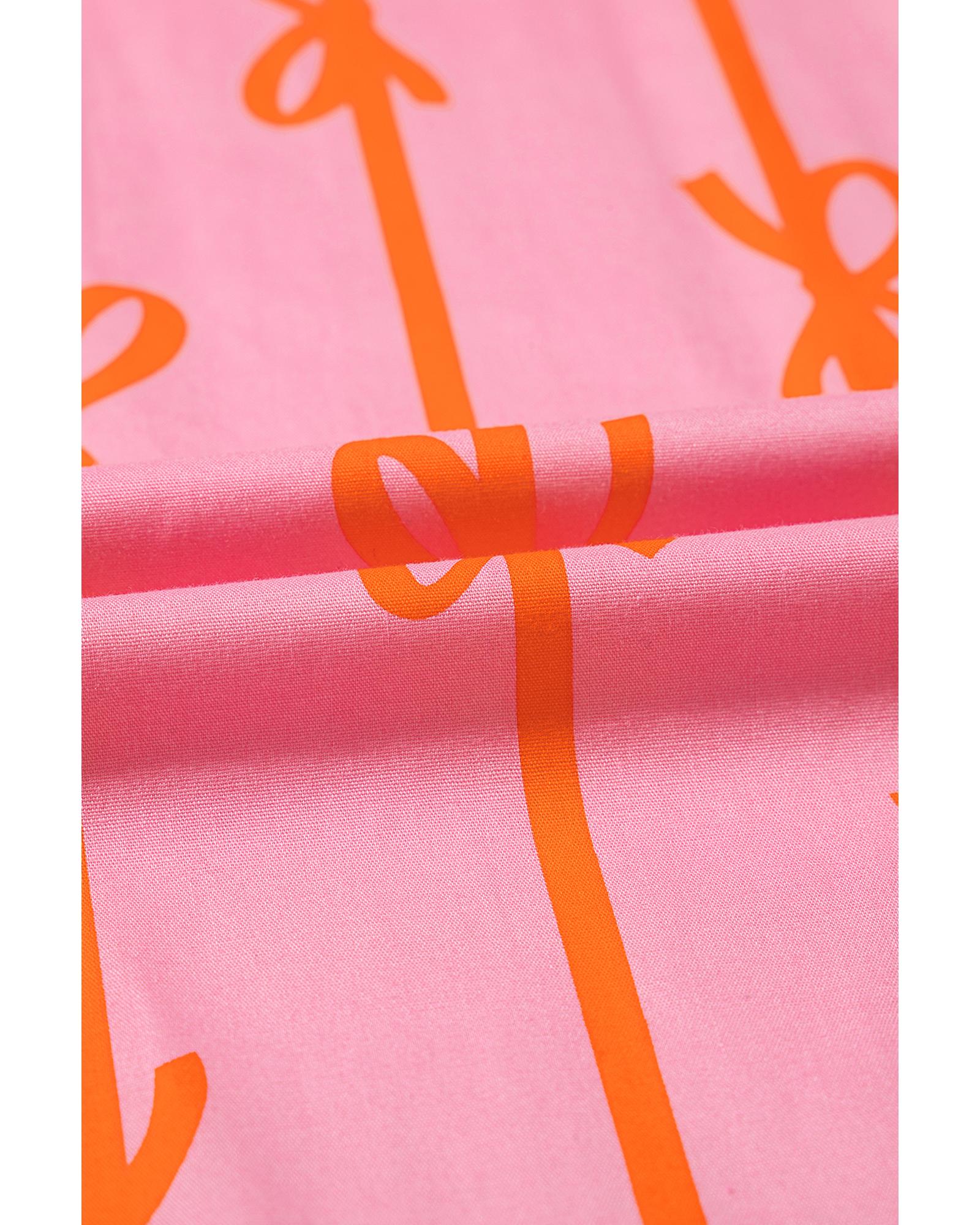 Pink Bowknot Striped Printed Bubble Sleeve Buttoned Belted Mini Dress - XL