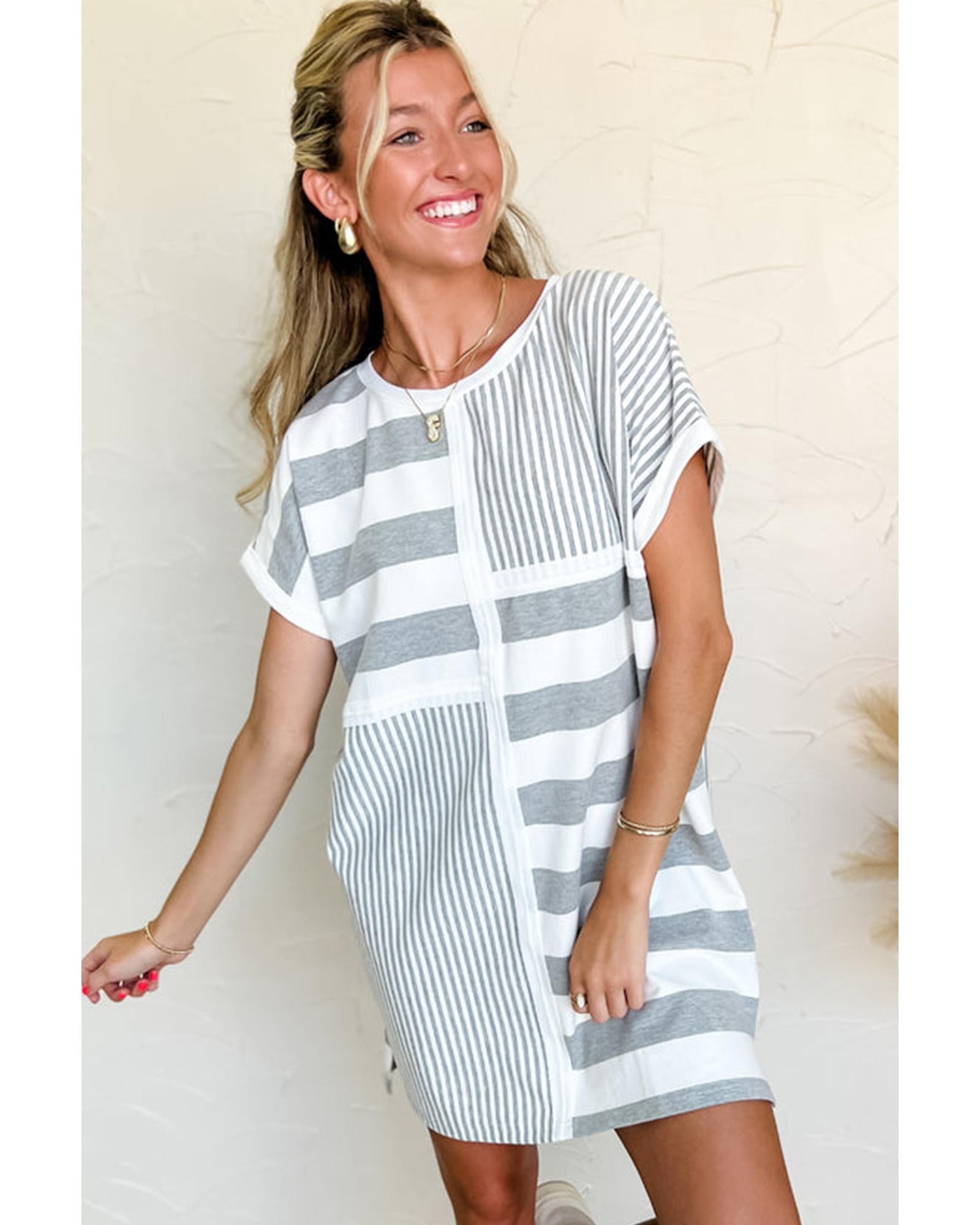 Azura Exchange Gray Stripe Mixed Printed Short Sleeve Shift Mini T Shirt Dress - M