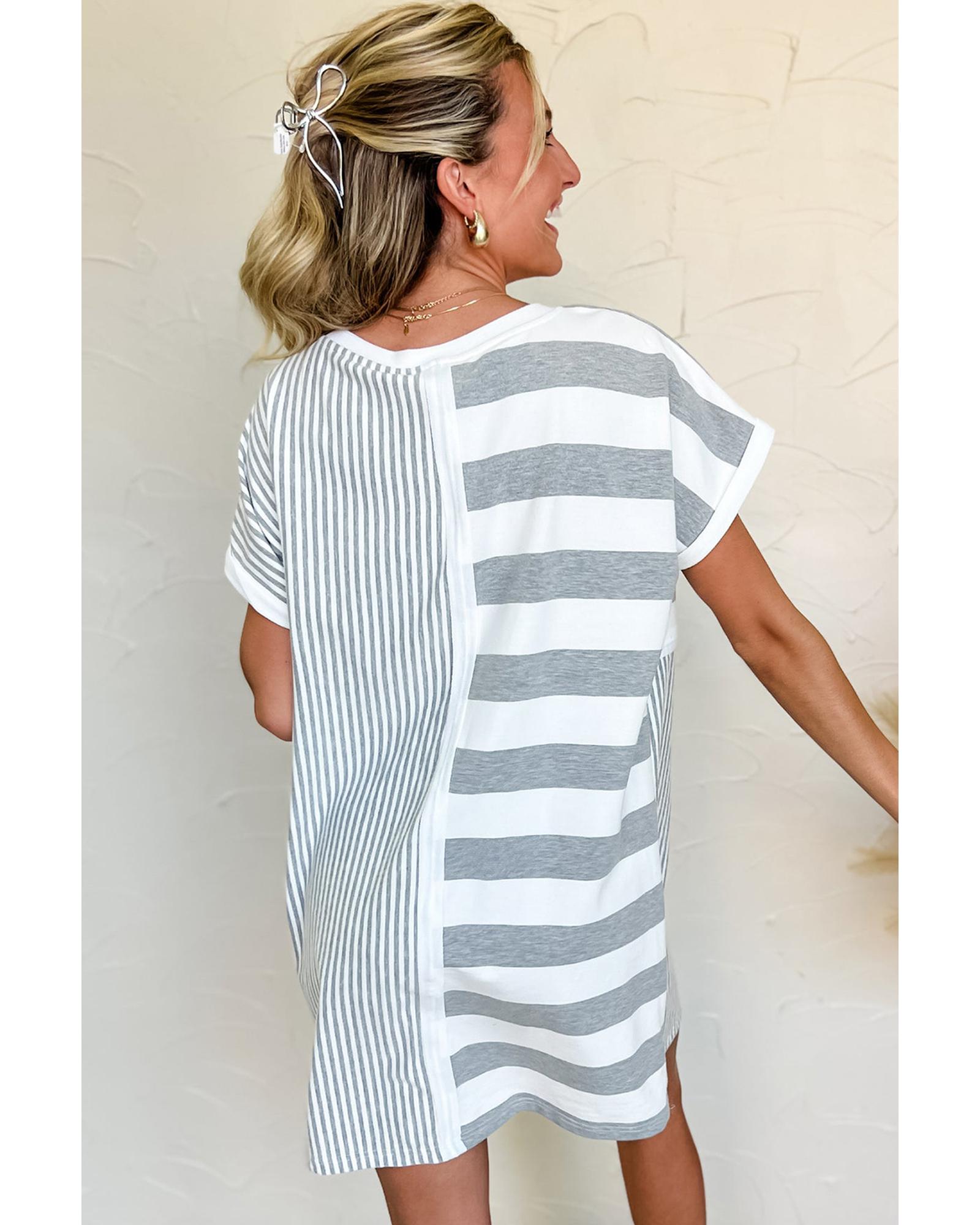 Azura Exchange Gray Stripe Mixed Printed Short Sleeve Shift Mini T Shirt Dress - S