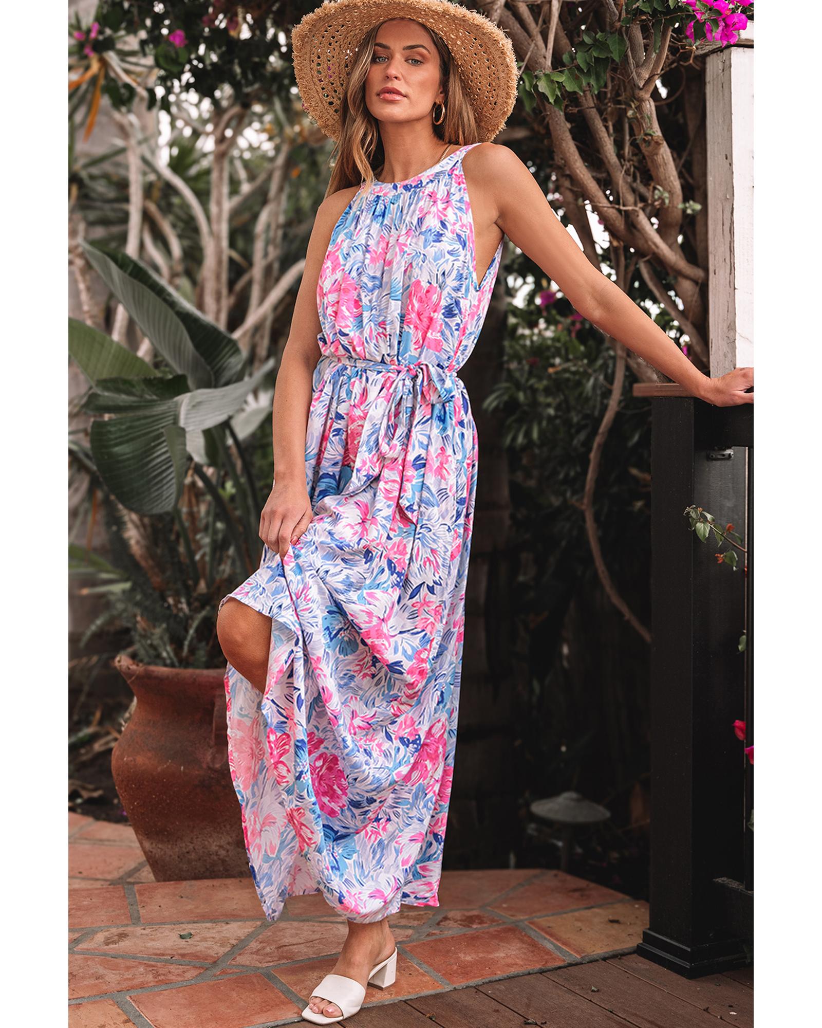 Sky Blue Floral Printed Sleeveless O Neck Knot Waist Maxi Dress - L