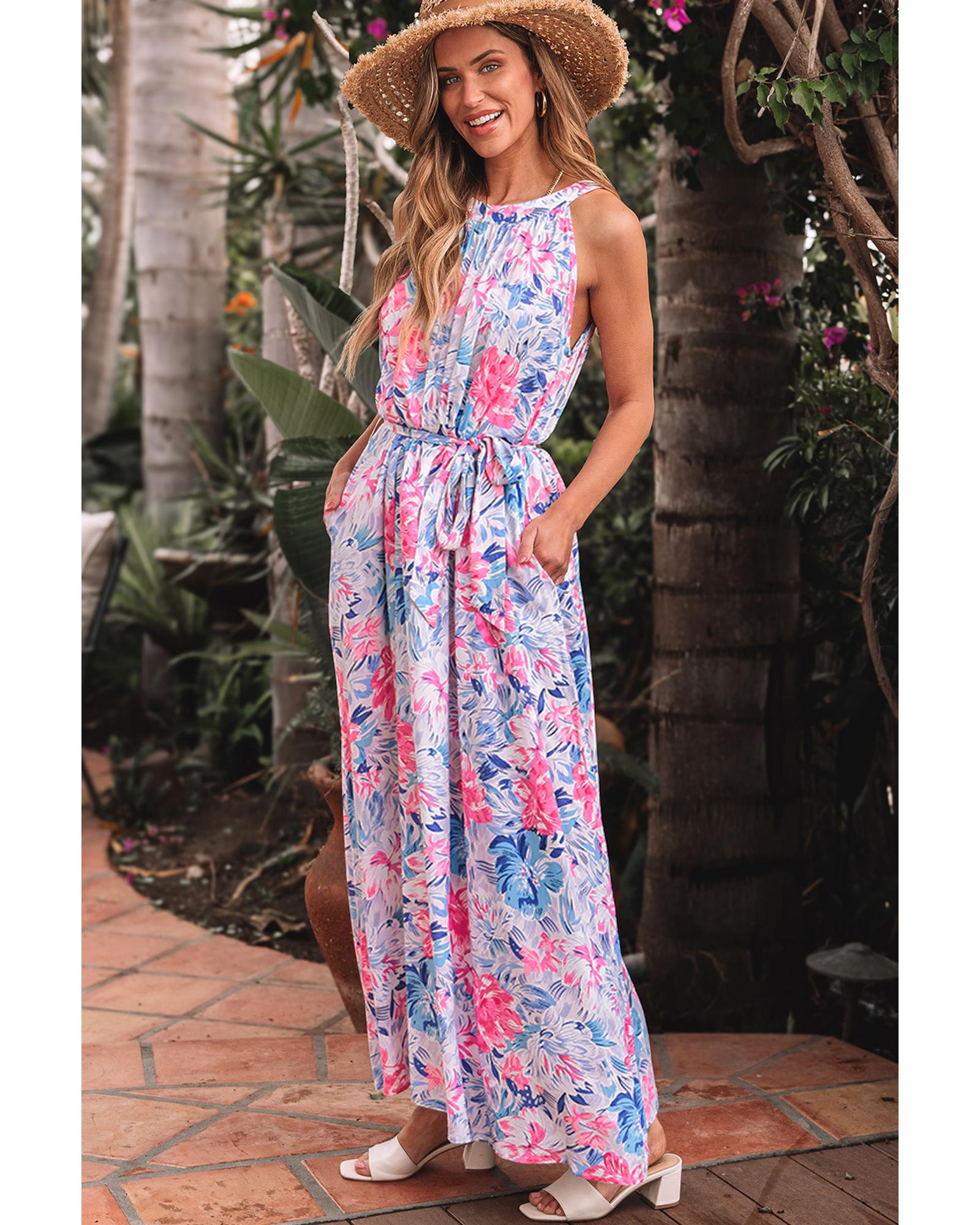 Sky Blue Floral Printed Sleeveless O Neck Knot Waist Maxi Dress - L