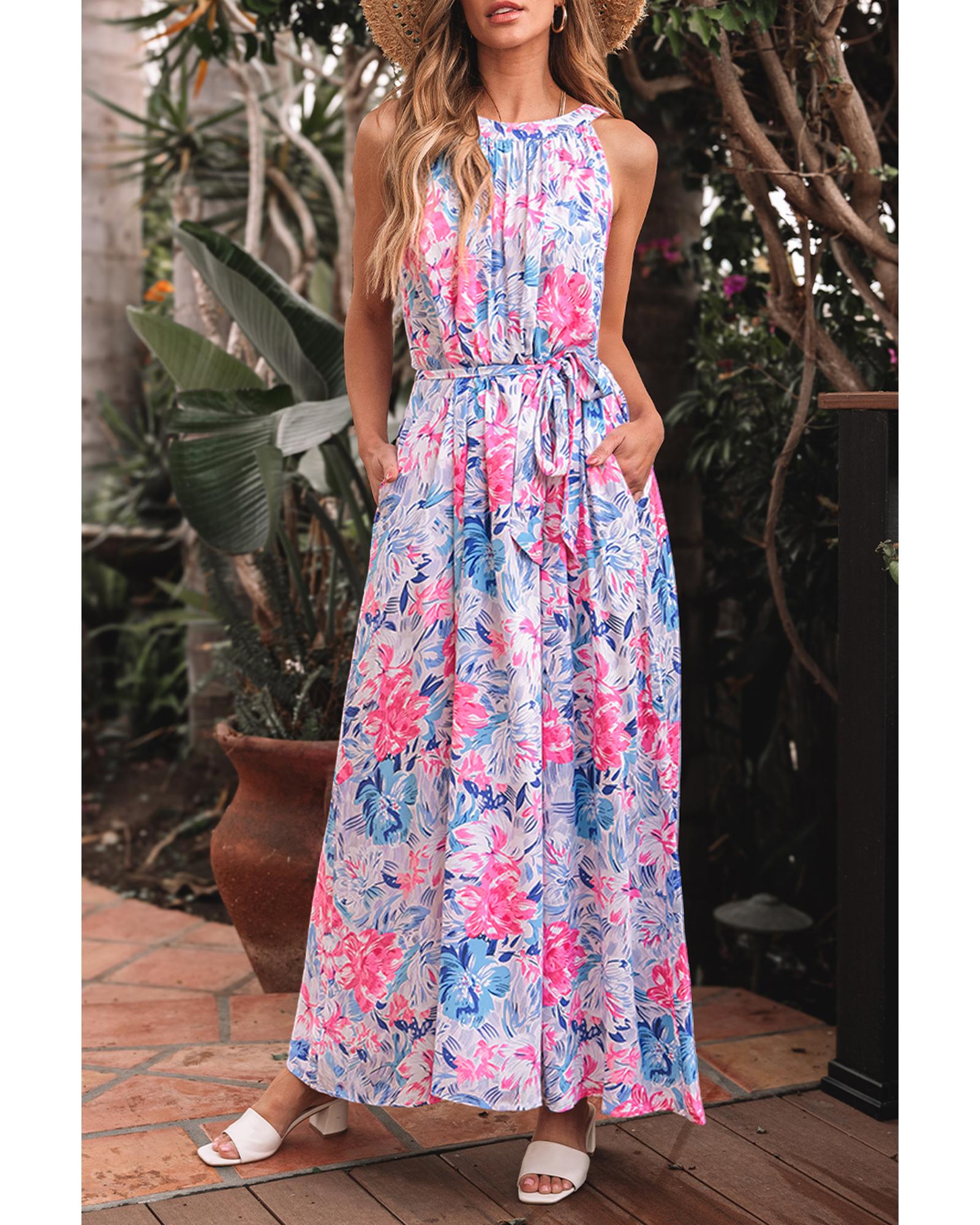 Sky Blue Floral Printed Sleeveless O Neck Knot Waist Maxi Dress - L