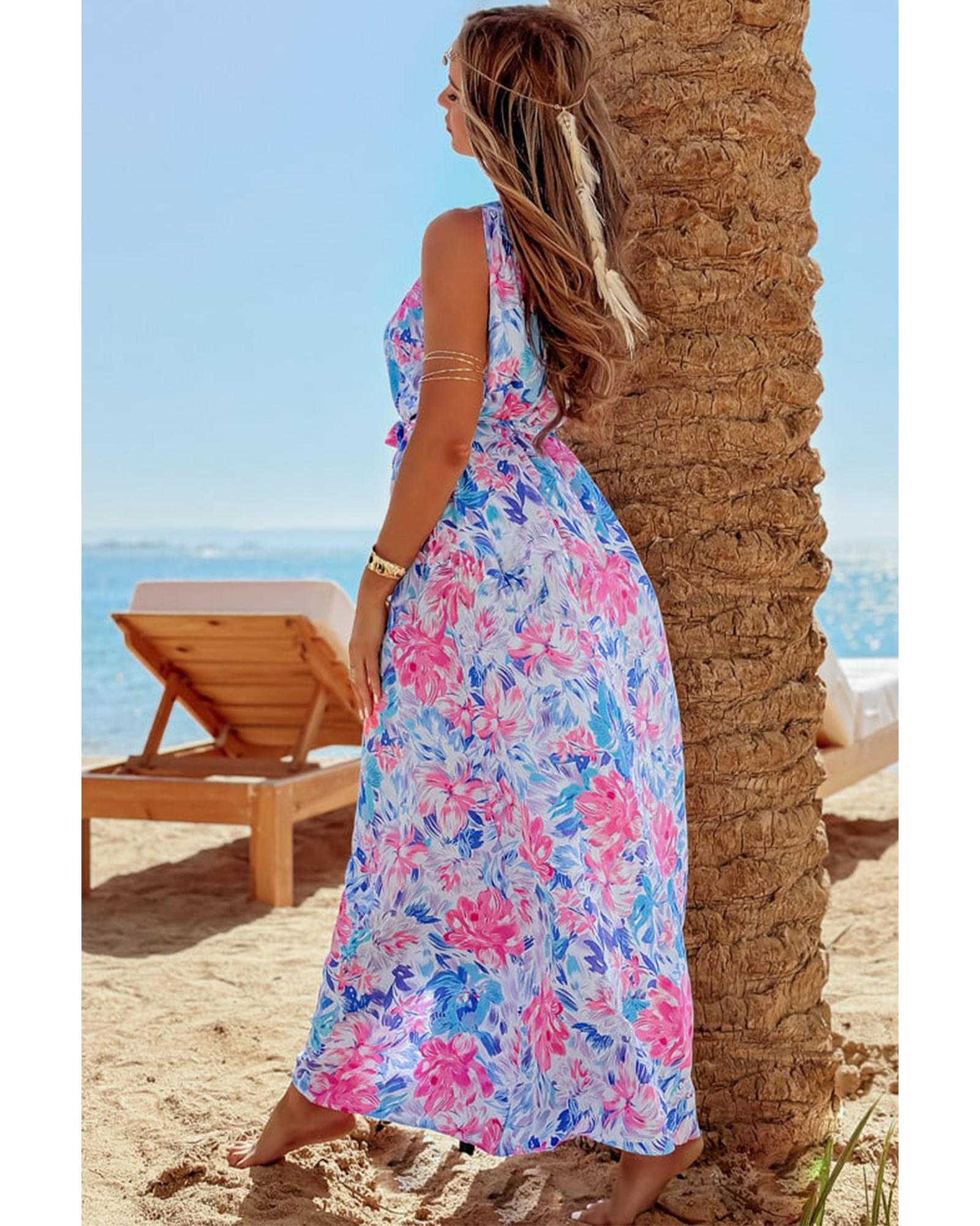 Sky Blue Floral Printed Sleeveless O Neck Knot Waist Maxi Dress - L