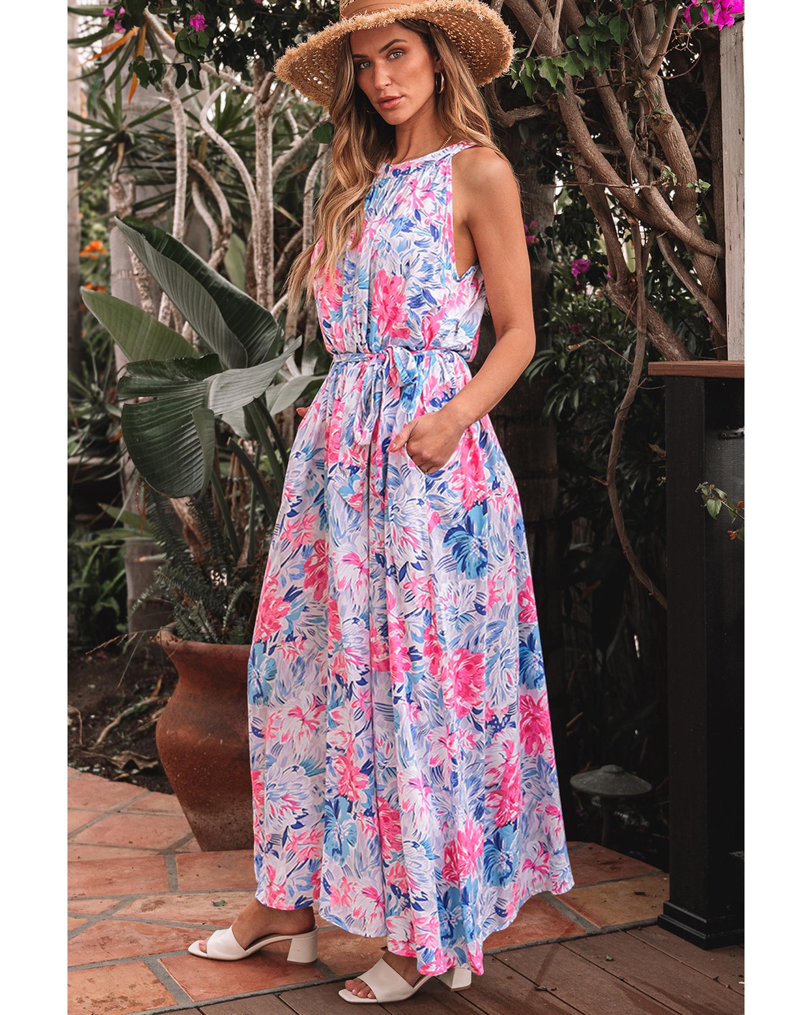 Sky Blue Floral Printed Sleeveless O Neck Knot Waist Maxi Dress - S