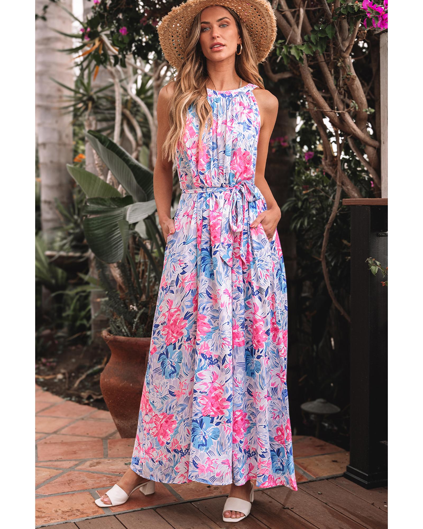 Sky Blue Floral Printed Sleeveless O Neck Knot Waist Maxi Dress - XL