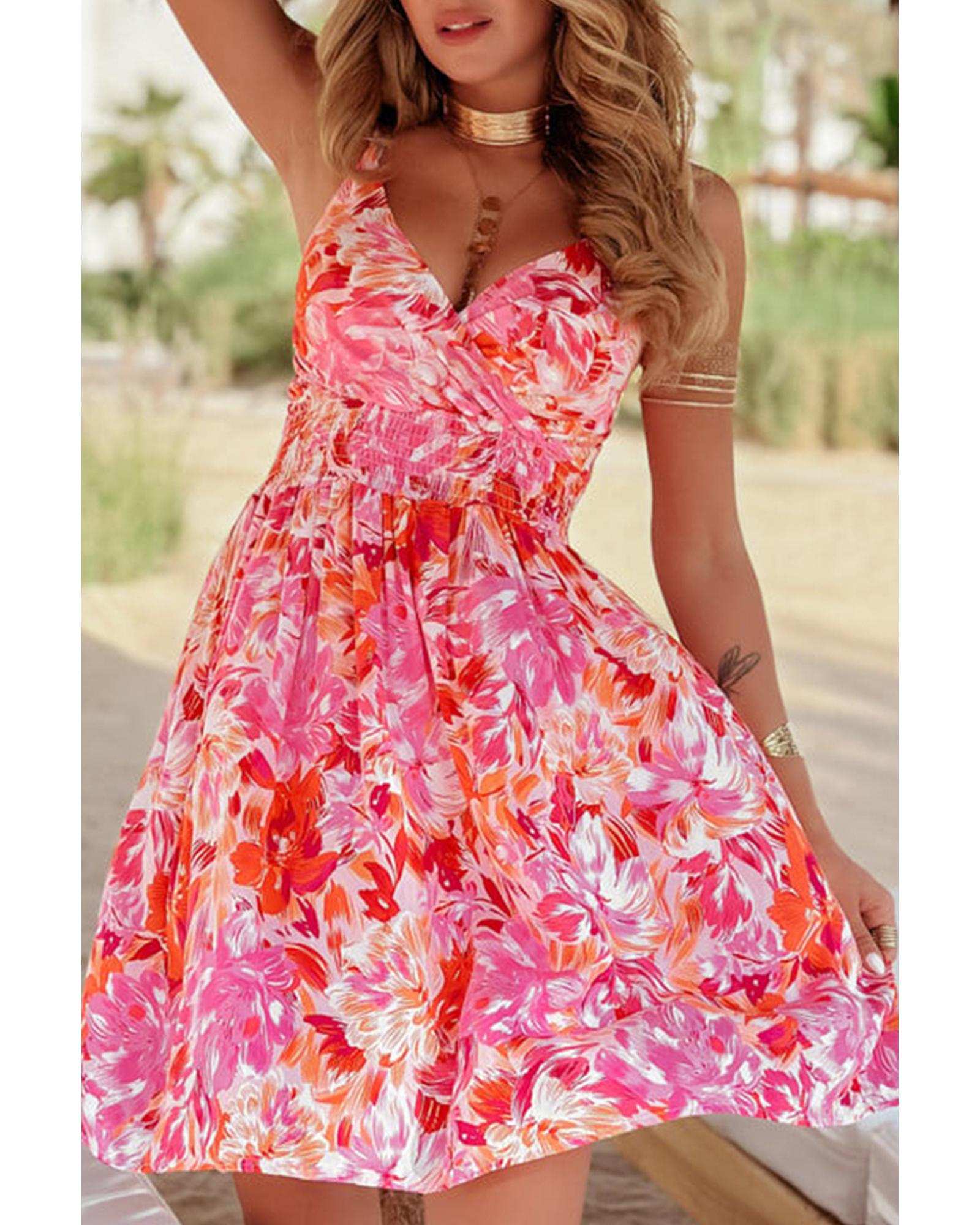 Red Floral Spaghetti Strap Surplice Neck Shirred Waist Mini Dress - L