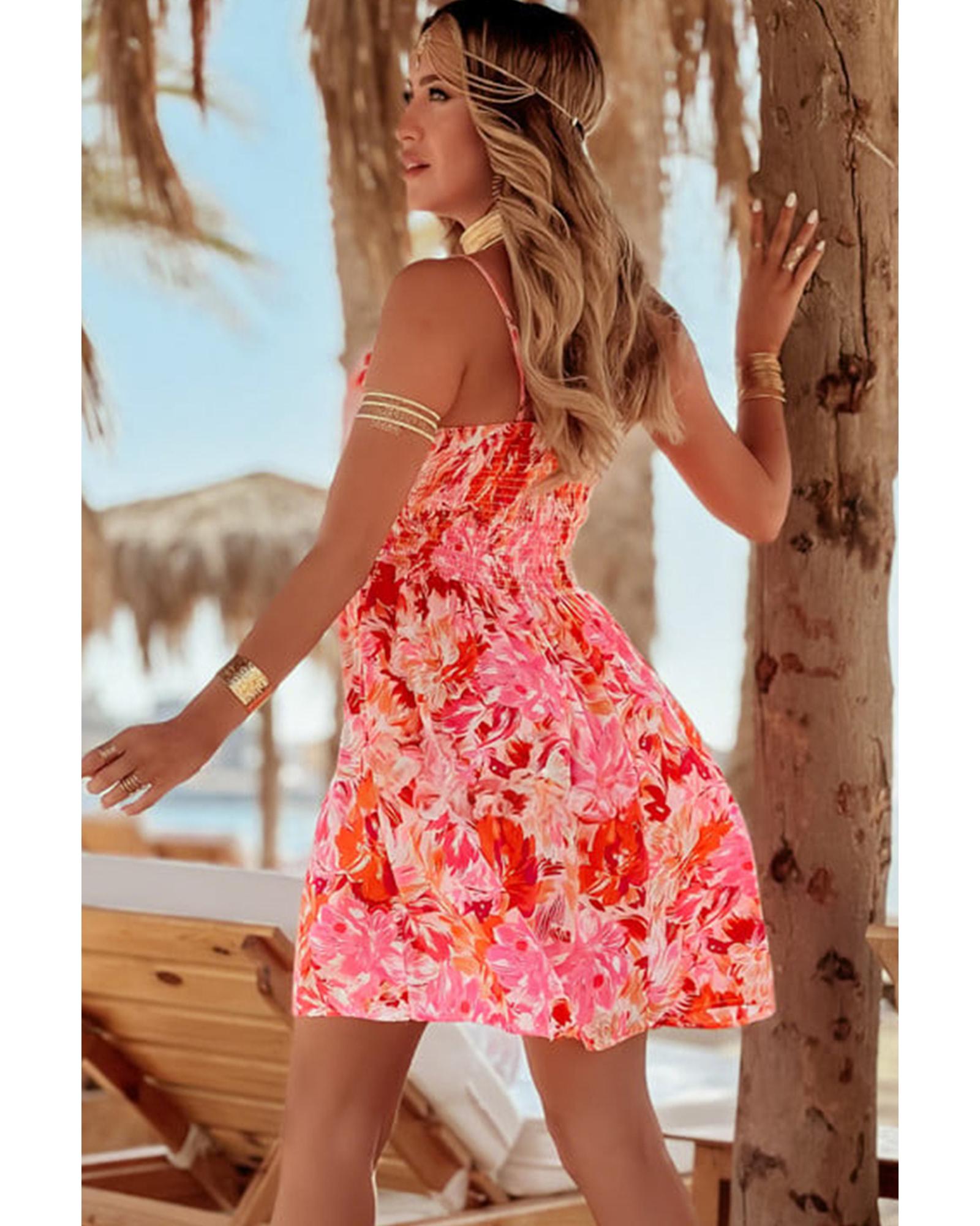 Red Floral Spaghetti Strap Surplice Neck Shirred Waist Mini Dress - XL