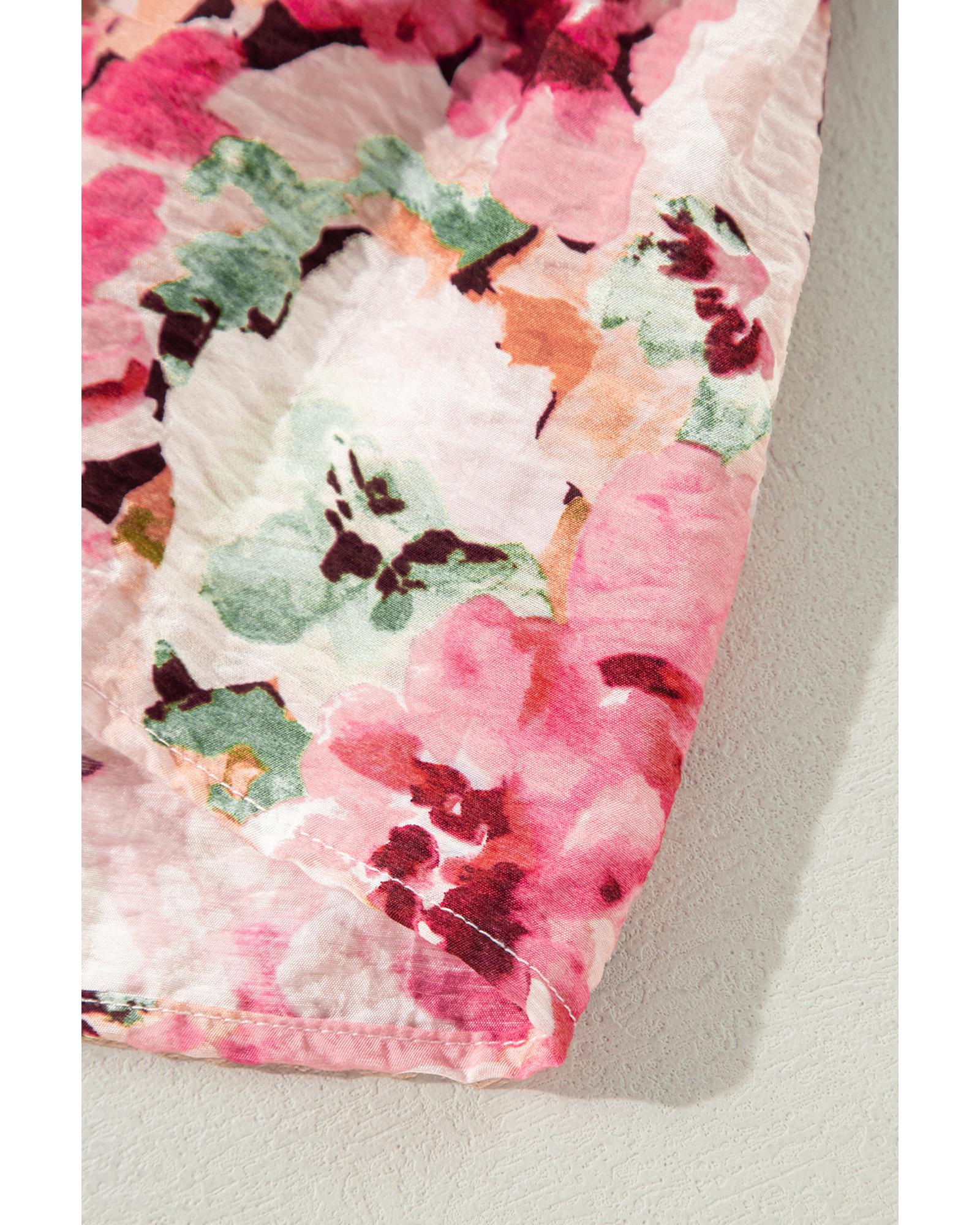 Pink Floral Sleeveless Halter Neck Shirred Back Ruffled Mini Dress - XL